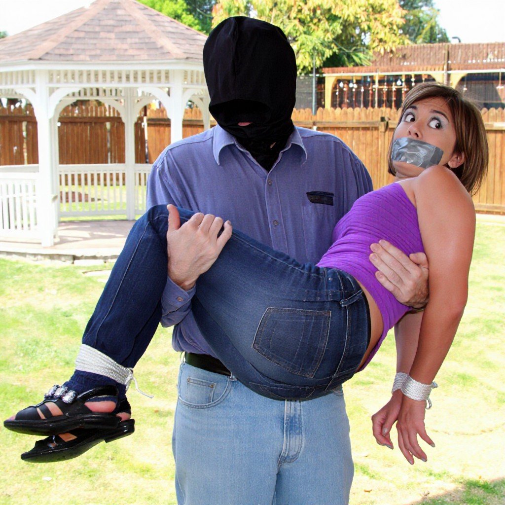 A man,  whose head and face are completely obscured by a black fabric hood,  stands in a grassy backyard while holding a w...
