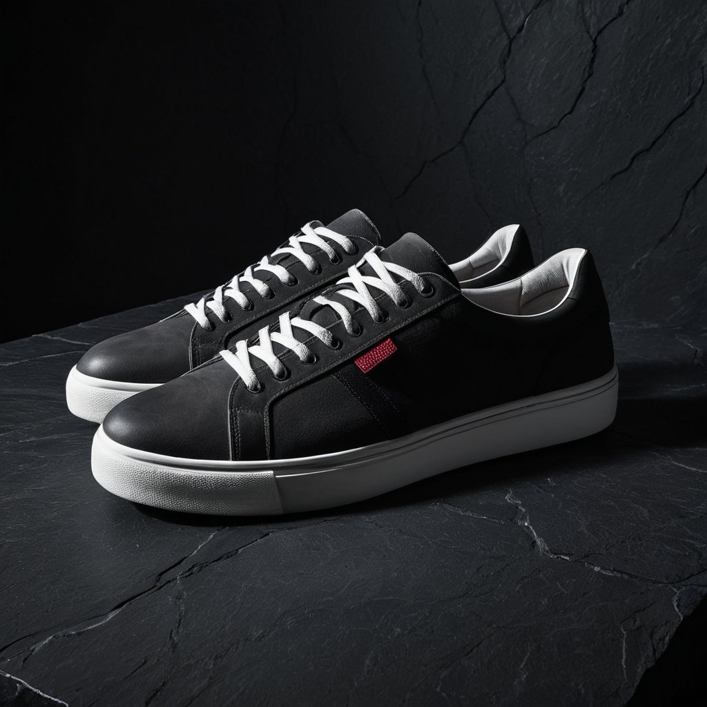 a sneaker on a dark slate stone surface,  matte charcoal texture,  dramatic soft top light by HanselCraft on Tensor.Art