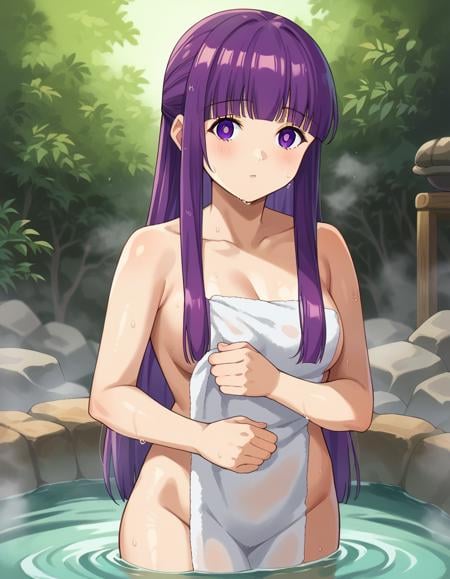 score_9, score_8_up, score_7_up, source_anime,fern, <lora:fern-s1-ponyxl-lora-nochekaiser:1>,fern, long hair, bangs, purple eyes, purple hair, sidelocks, blunt bangs, bright pupils, half updo,nude, naked, outdoors, onsen, towel, naked towel, steam, bathing, nude cover, partially submerged, water, bath, steam censor, wet towel,looking at viewer, cowboy shot, dutch angle,