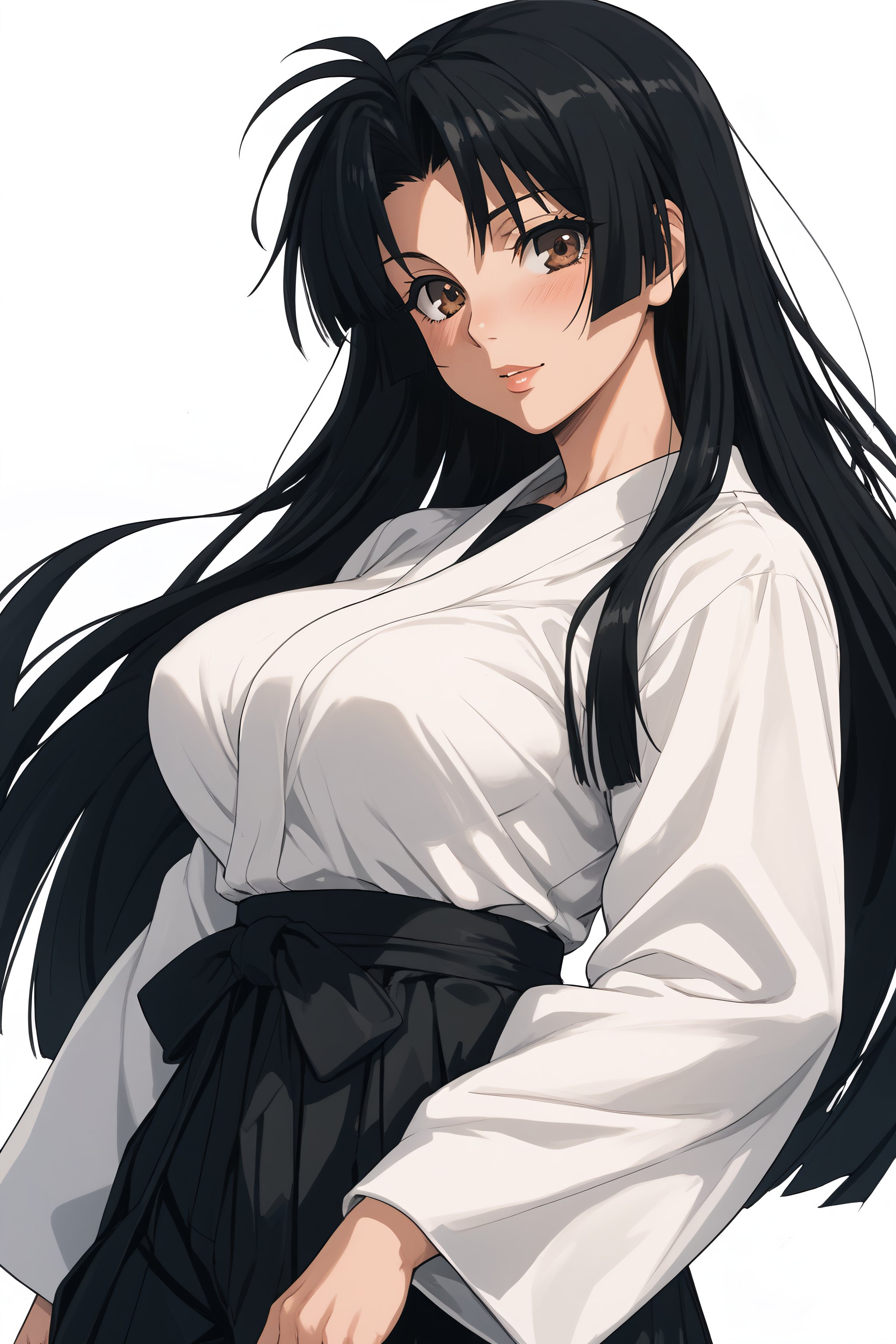 score_9, score_8_up, score_7_up, BREAK source_anime, <lora:Cal Shekar-PonyXL-lora-Faxtron:0.8> cal shekar, brown eyes, black hair, long hair, large breasts, hadanugi dousa, long sleeves, black hakama,