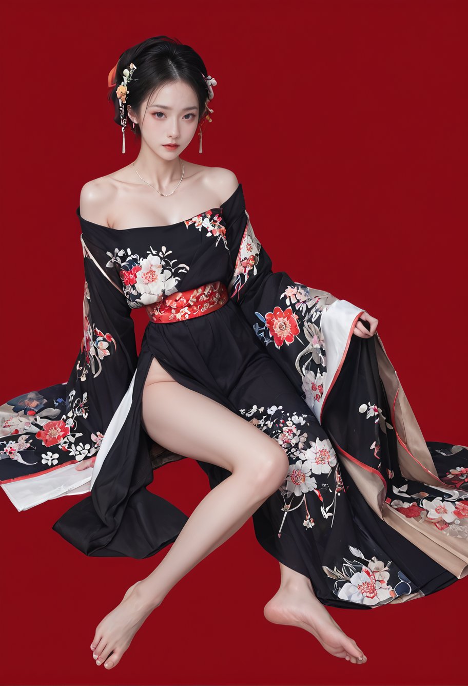 red background,1girl,solo,,ruanyi0766,floral print,hanfu,jewelry,off shoulder,wide sleeves,barefoot,strapless,black dress,<lora:0766 Northern and Southern Dynasties Hanfu_v1_pony:1>, score_9,score_8_up,score_7_up,,8k,1girl,solo,