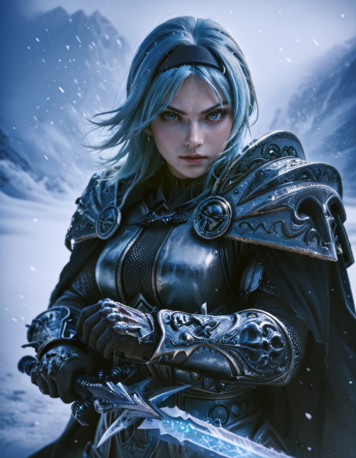 score_9, score_8_up, score_7_up, close view of 1girl wearing arth4s armor,blue hair, black hairband,((glowing)) blue eyes,holding sword, heroic pose,long torn black cape,((snow, snowstorm, wind, epic)),epic heroic fantasy,eula, agressive,looking at viewer, <lora:arthas:0.9>