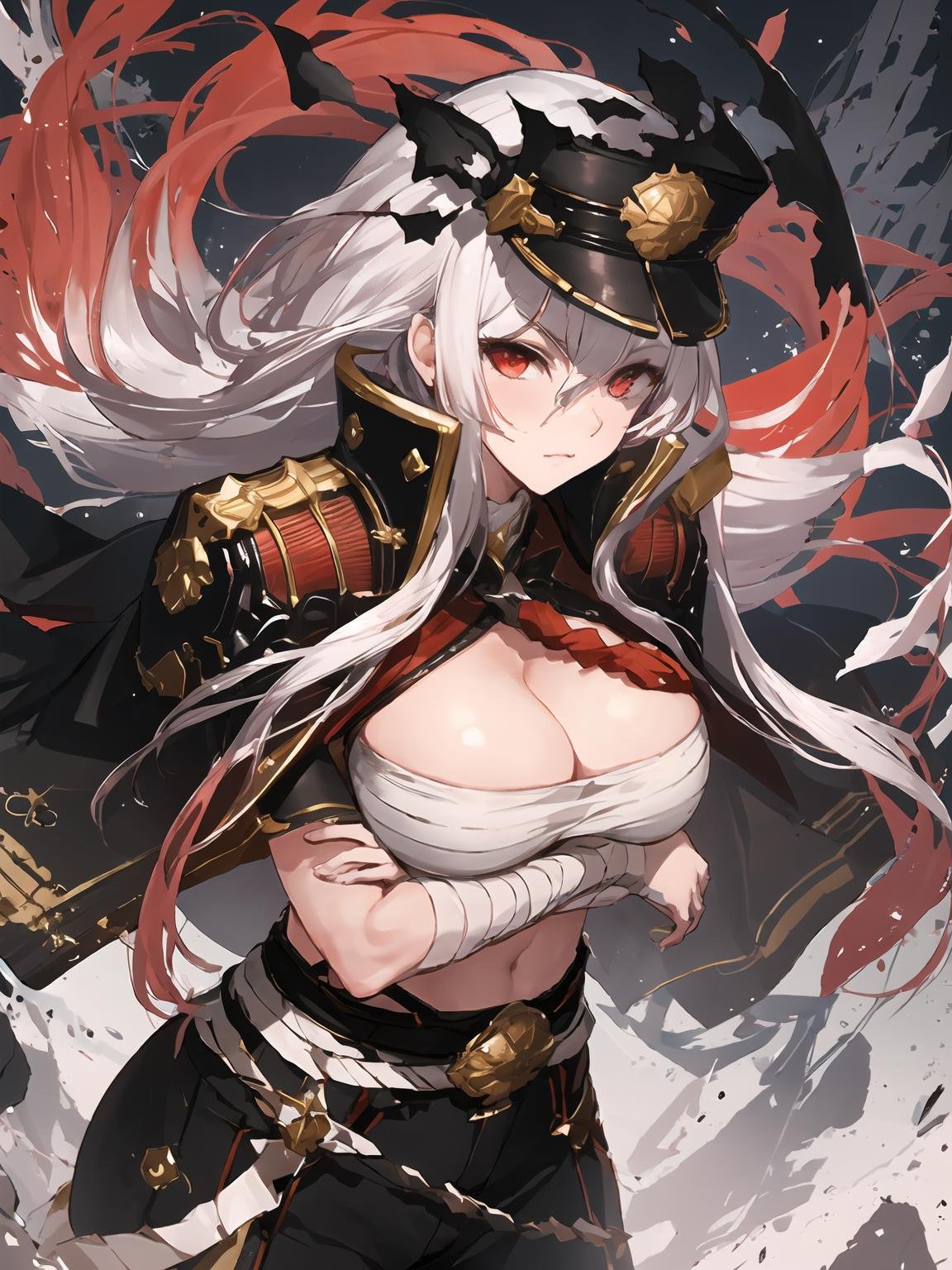 masterpiece,best quality,highres,cinematic lighting,dramatic angle,1girl,white hair,gradient hair,very long hair,red eyes,shimenawa,jacket on shoulder,hat,belt,beads,bandaged chest,bandaged hand,hip vent,black pants,<lora:ShadowverseGalomV3-000019:0.9:lbw=1,0.2,0.8,0.8,0.8,0.8,0.2,0.2,0.6,1,1,1,1,1,1,1,1>,huge breasts,shaded face,glowing eyes,(arms crossed,crossed arms:1.1),looking at viewer,close-up,portrait,wind,cracked earth,rocks,floating stones,dust,