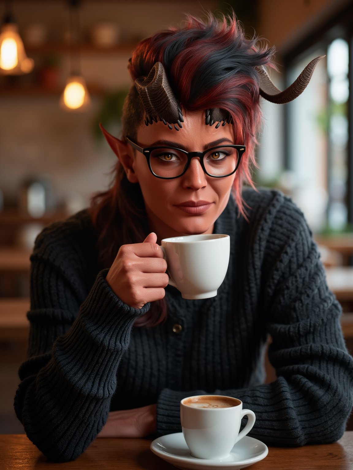 sdwhrt, woman wearing a black sweater, she is sitting at a table casually drinking coffee, she is wearing glasses and has a curious expression on her face, best quality, 4k, 8k, high resolution, cinematic, vibrant, intricate, Hyperrealistic, high detail