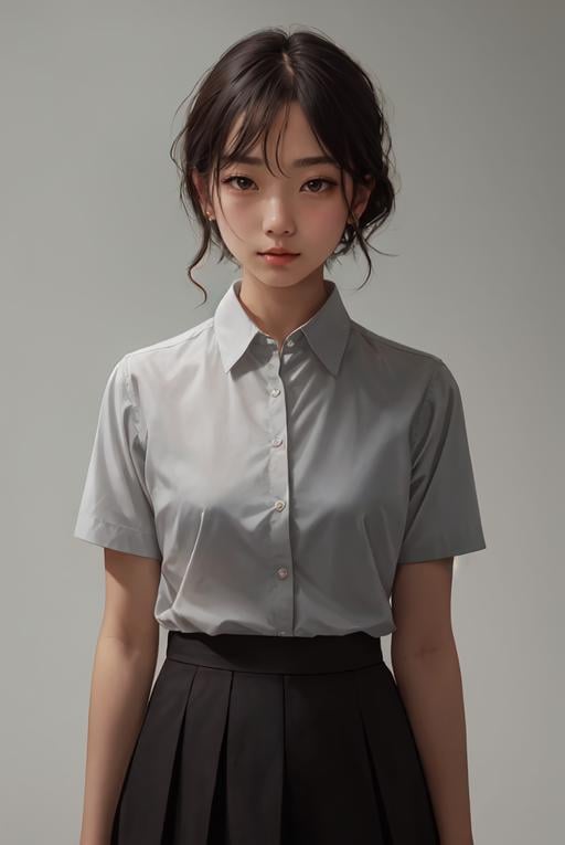 masterpiece,best quality,upper body,1girl,collared_shirt and flared_skirt as material3,色彩,oil painting \(medium\),negative space,hair between eyes,small breasts,brown eyes,rape face,between legs