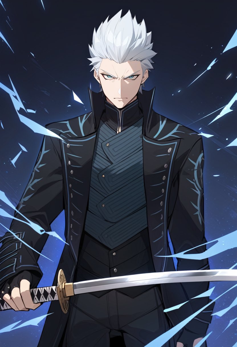 solo, male focus, 1boy, dmc5vergil, serious, looking at viewer, holding sword, holding katana, v-shaped eyebrows, black coat, fingerless gloves, pants <lora:dmc5_vergil_xl-000004:1>