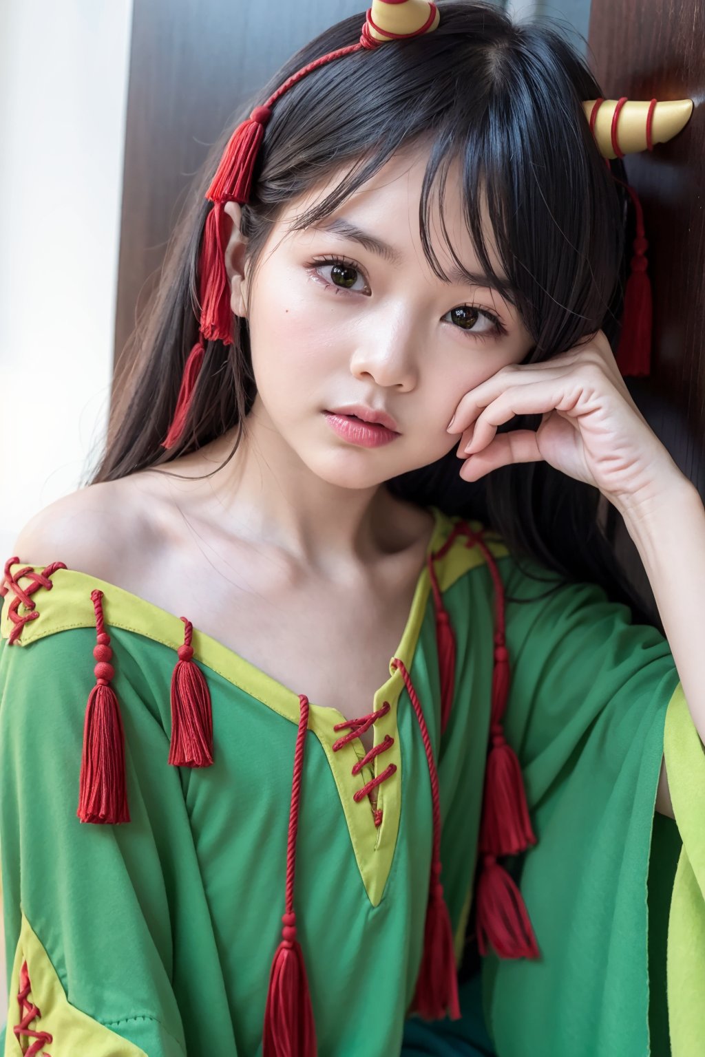 masterpiece, best quality,   <lora:NippakuZanmu:1>1girl, horns, red eyes, long hair, black hair, solo, looking at viewer, parted lips, hand on own face, upper body, off shoulder, green dress, hand on own cheek, bare shoulders, bangs, skull, tassel, multicolored hair, two-tone hair, hand up