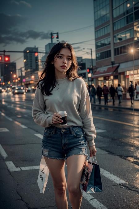 (realistic:1.3) , finely detailed, quality, (masterpiece:1.2) , (photorealistic:1.2) , (best quality) , (detailed skin:1.3) , (intricate details) , ray tracing, dramatic, 1 girl, (cute Ethereal Female), (film grain:1.2), City, Buildings, Roads, Cars, Highway, Shopping mall, Night