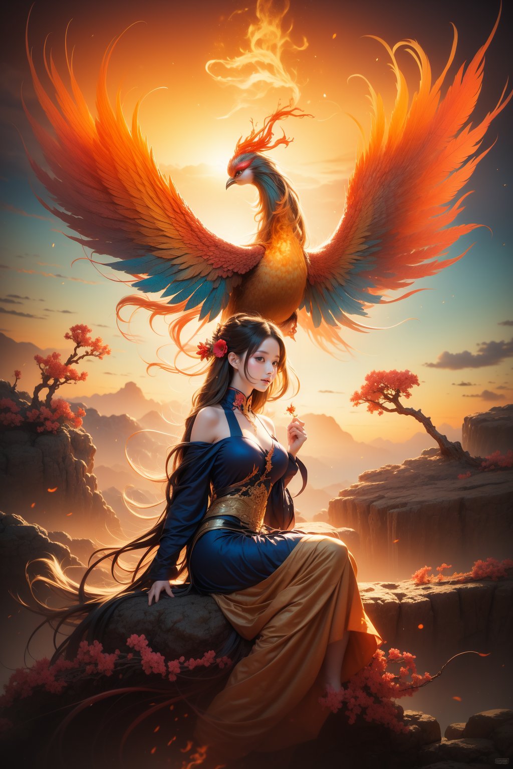 1 girl behind the phoenix, Woman focus, fire, dress, bird, breasts, Long hair, Hanfu, sitting, cowboy shot, Fisheye lens,Colorful_phoenix, Colorful2, bird, outdoors, flower, branch, beak<lora:kim_phoenix6:1>