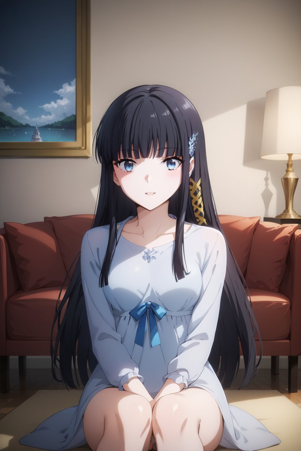 1girl, solo, lustrous skin, shiny skin, score_9, score_8_up, score_7_up, masterpiece, best quality, aesthetic, dynamic pose, indoors, , miyuki shiba, long hair, blue eyes, black hair, hair ornament, ribbon, hair ribbon, snowflake hair ornament, bangs, blunt bangs, casual outfits, living room, tv, sitting, looking_at_viewer<lora:EMS-375596-EMS:1.000000>