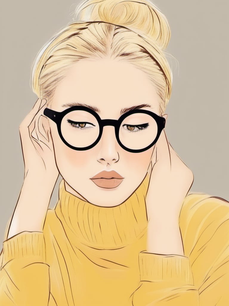 1NK , <lora:1NK:1>,The image an illustration of a young woman with blonde hair tied up in a messy bun. She is wearing a yellow sweater and has a pair of round glasses on her face. Her hands are covering her ears, as if she is listening intently. The background is a light beige color. The illustration is done in a sketch-like style, with bold lines and shading.