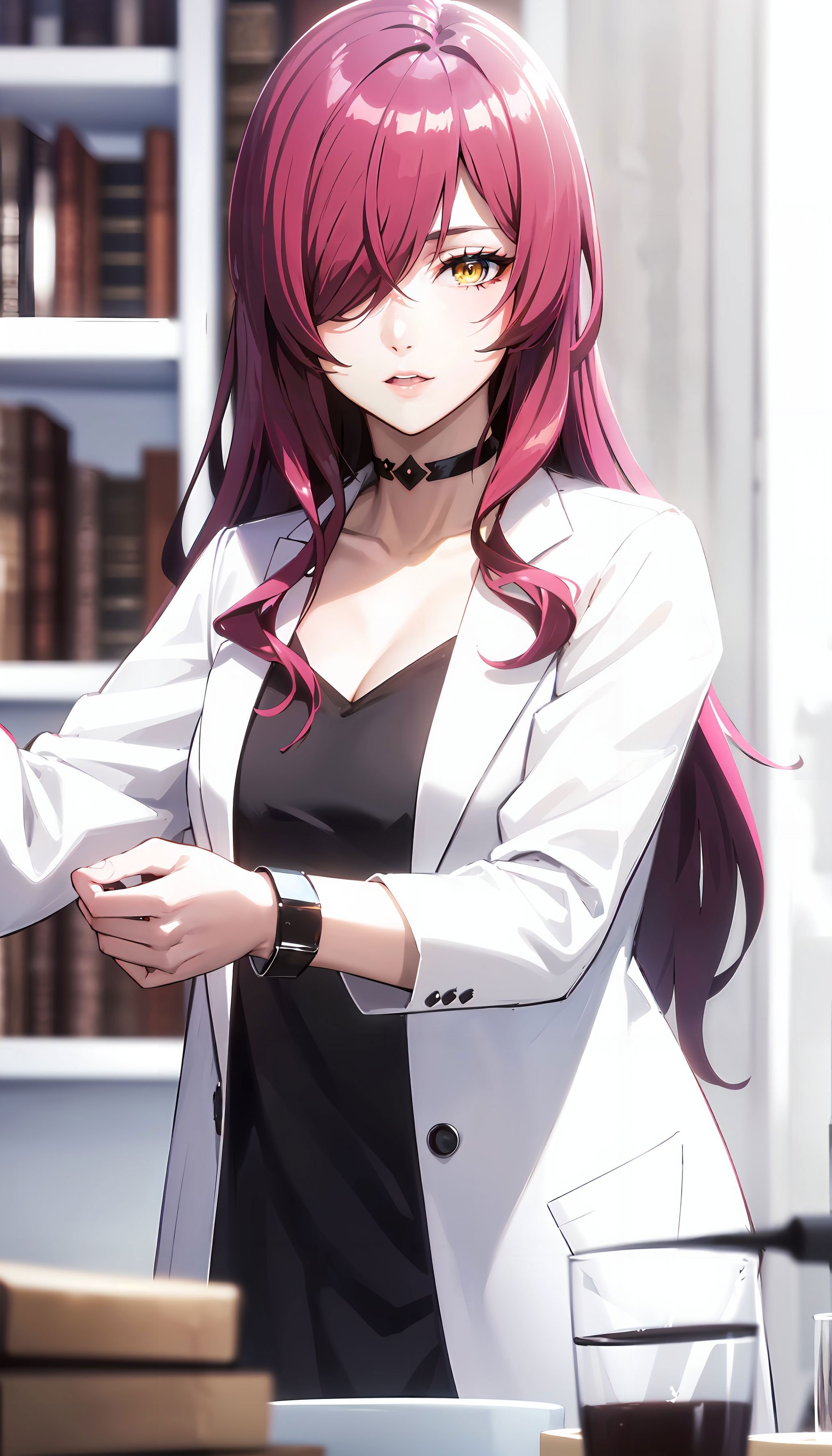 photorealistic, (4k), depth of field, (Masterpiece), (realistic skin texture), extremely detailed, intricate, hyper detailed, high resolution, sharp detail, best quality, woman, <lora:Laine:0.7> lab coat, long hair, pink hair, black choker, yellow eyes, one eye covered by hair, stretching ,