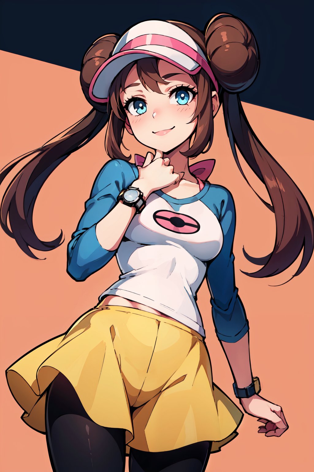 ((masterpiece,best quality)), absurdres,   <lora:Rosa_v5:0.7>,   zzRosa, hair bun, blue eyes, twintails,  visor cap, pantyhose, raglan sleeves, yellow shorts, shirt, pink bow, wristwatch,  solo, smile, looking at viewer, cowboy shot,