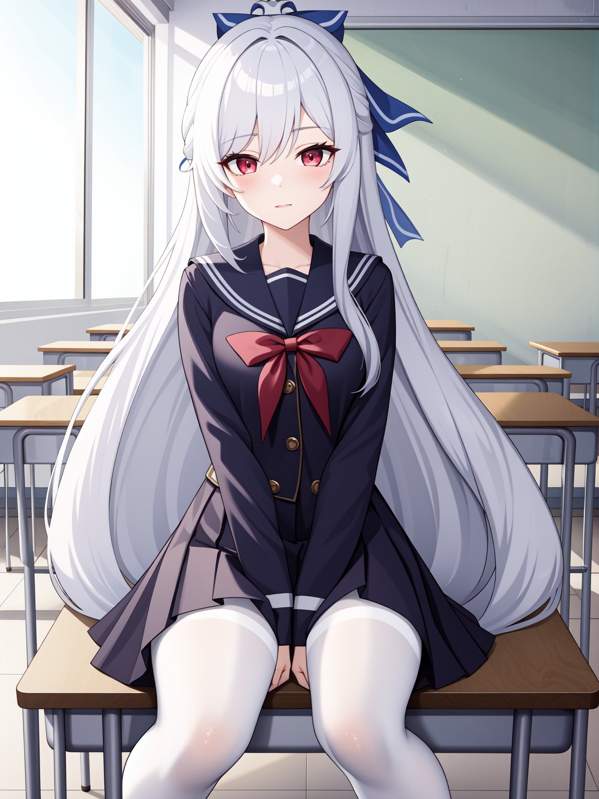 <lora:jingliu-000012:0.75>,jingliu,1girl,solo,long hair,red eyes,bangs,white hair,very long hair,school uniform,classroom,jk,serafuku,white silk stockings,white tights,hair bow,, 1girl,,  (masterpiece,best quality:1.2),absurdres