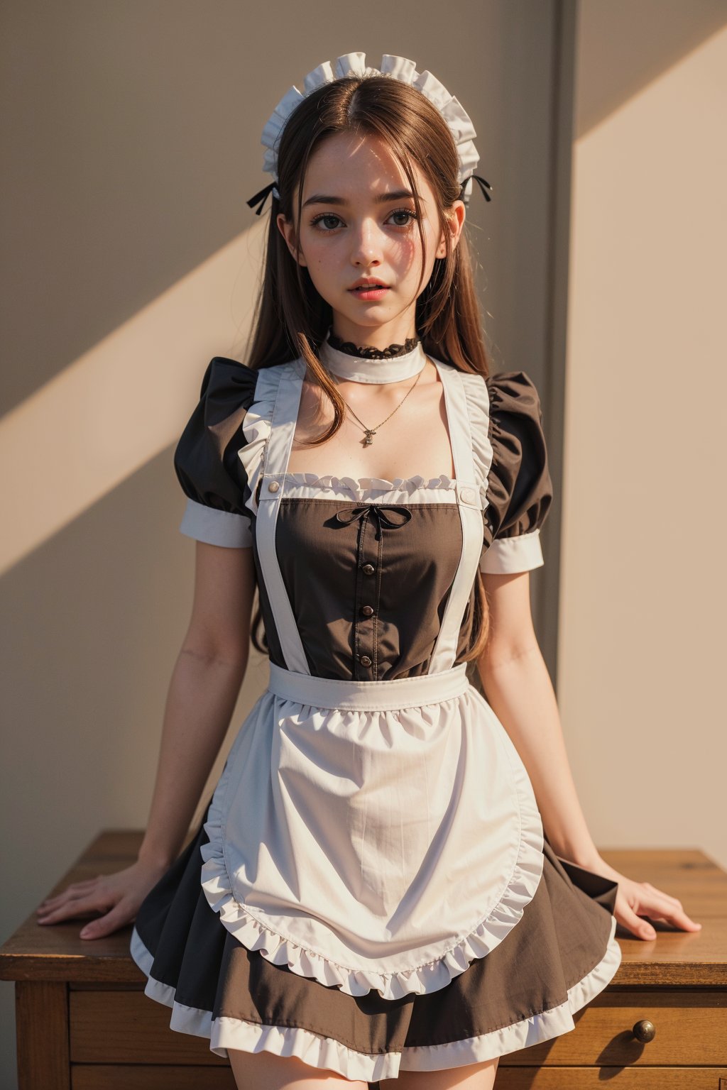 (masterpiece), (best quality:1.4), absurdres, [:intricate details:0.2], 1girl, maid, naked maid apron, maid headdress, indoors,