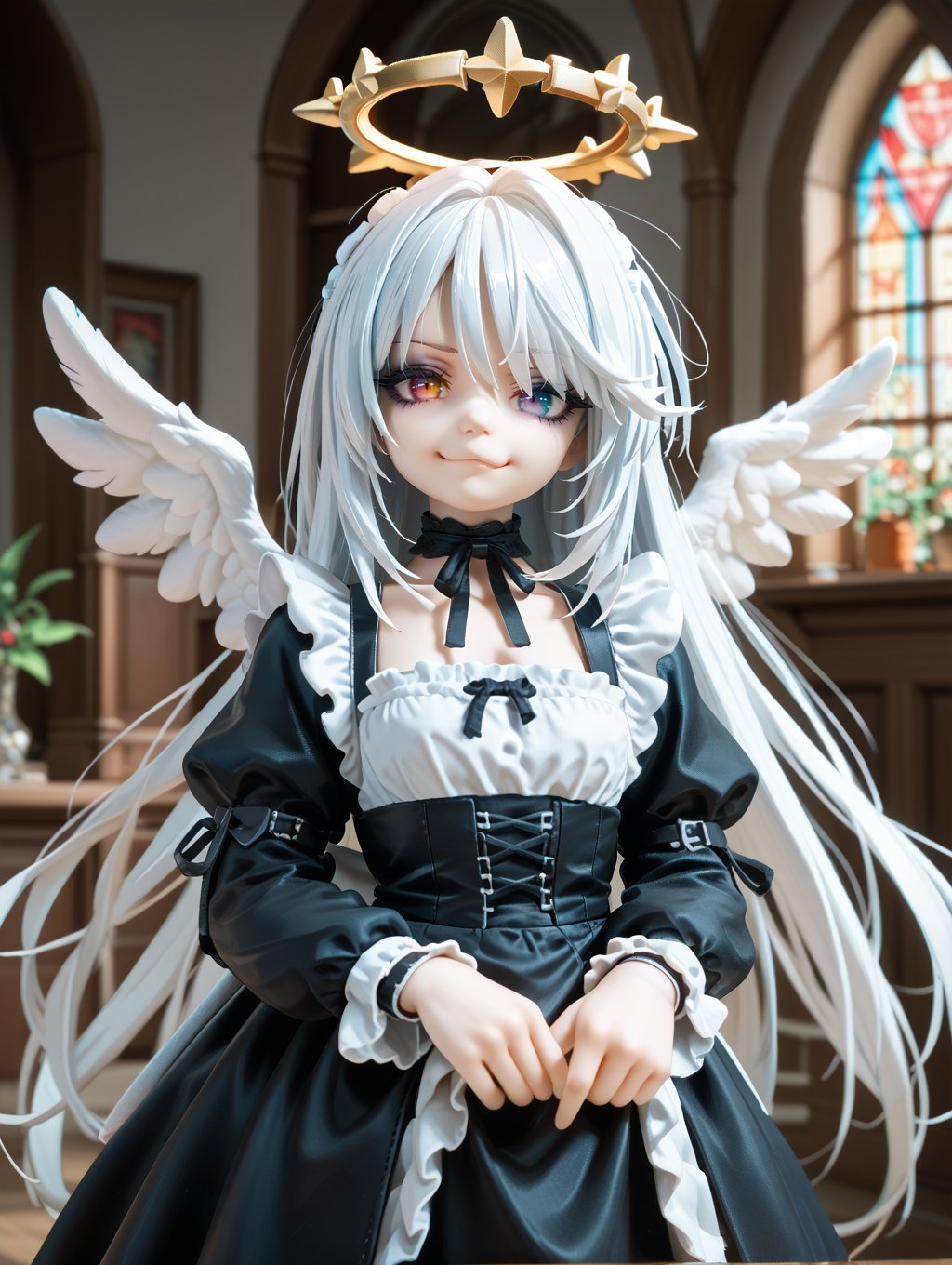 score_9, score_8_up, score_7_up,cowboy shot, 1girl,very long hair, heterochromia, eye reflection, smug,angel, angel wings, gothic,maid,halo, indoors, 