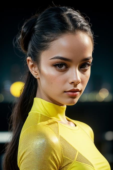 photo of fit (v4lkyr4e:0.99), a beautiful woman, perfect hair upsweep updo, (modern photo), (Bright Yellow compression shirt), closeup portrait, 85mm, (analog, cinematic, film grain:1.3), (Futuristic dystopian city viewpoint displaying holographic art galleries:1.2), detailed eyes, seductive pose, (epicPhoto), (looking at viewer:1.1), (cinematic shot:1.3), jewelry, (natural lighting, lit from above)