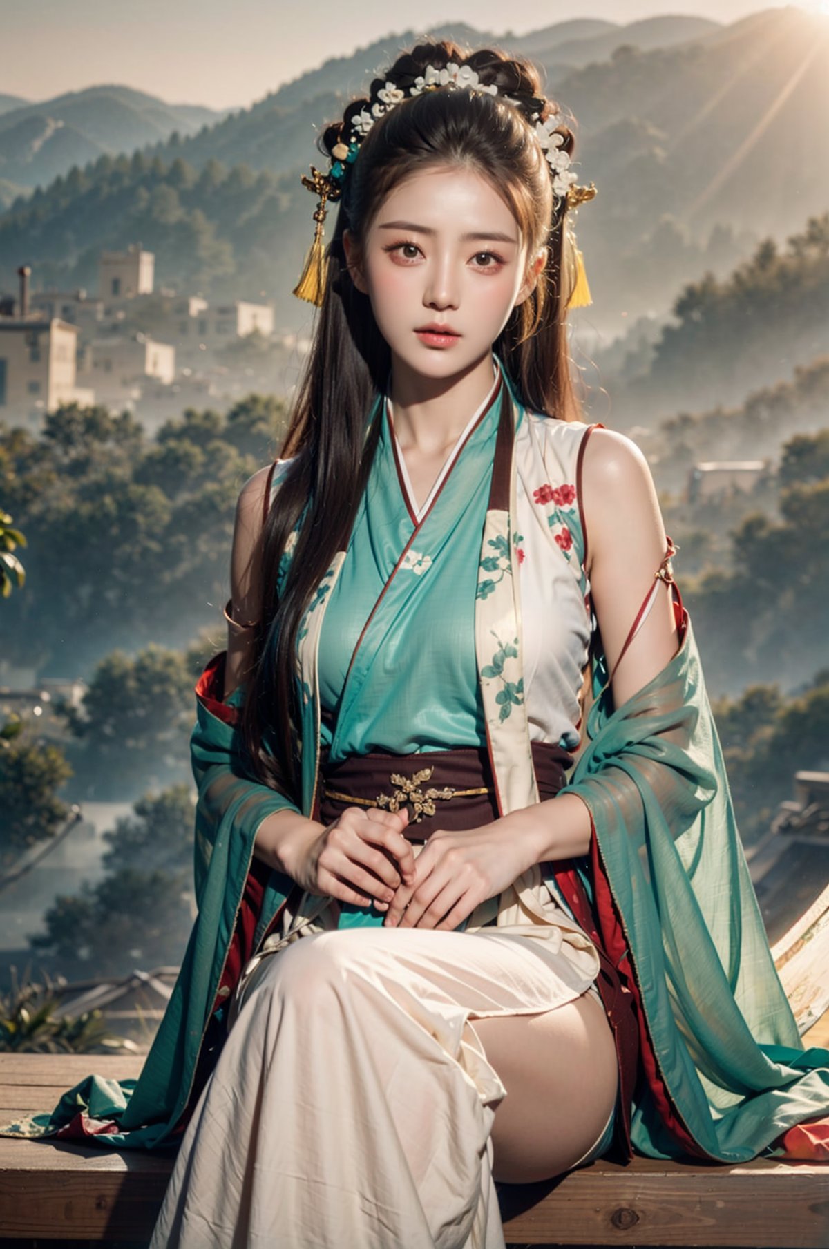 1girl,Hanfu,cloud,blue sky,looking at viewer,photorealistic,realistic,solo,