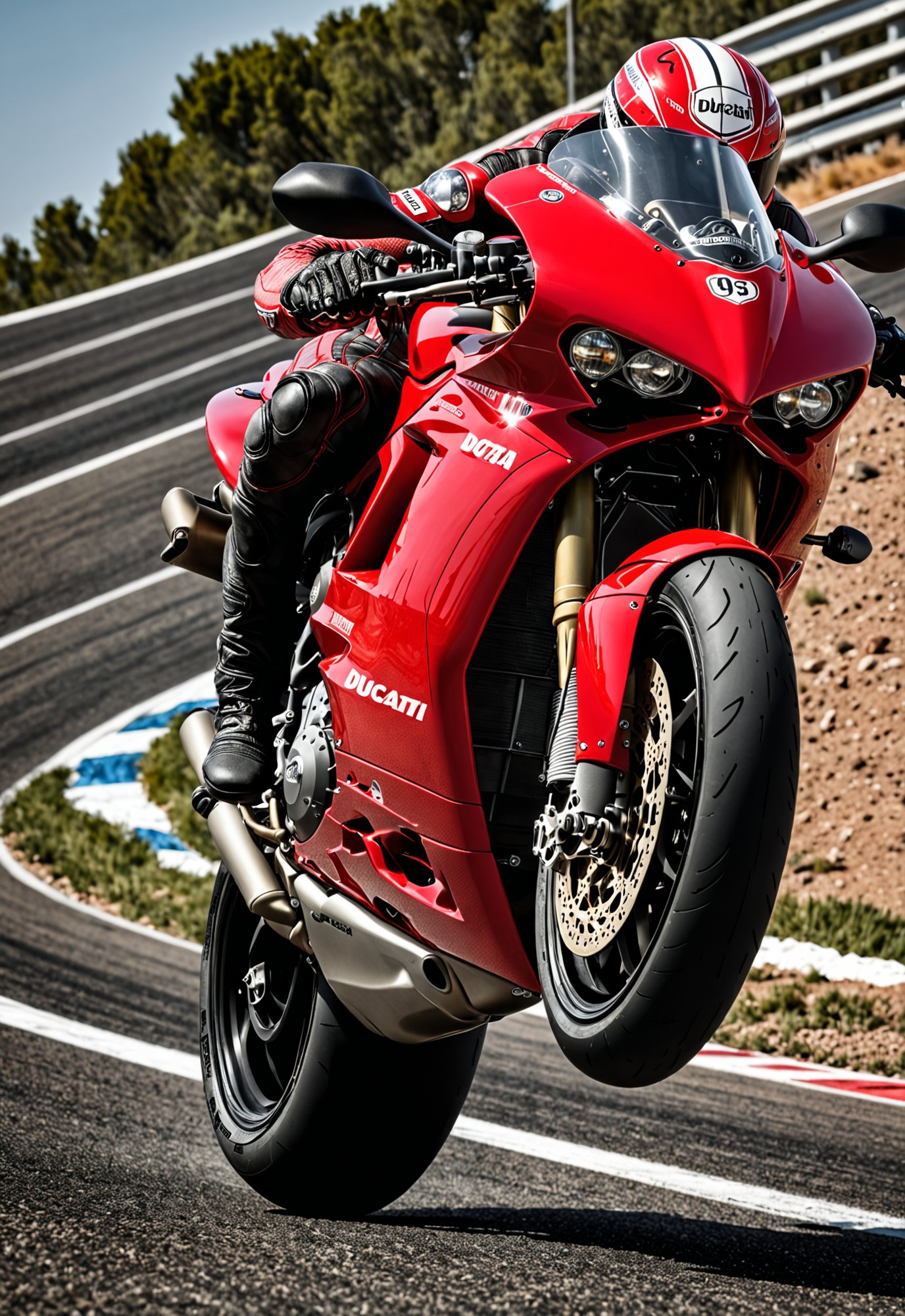 dynamic angle, masterpiece, award winning picture, Ducati 916, fast acceleration, front wheel up, wheelie, futuristic background, hyper detailed, intricate, poster, artstation, epic, ultra detail, intricate details, UHD