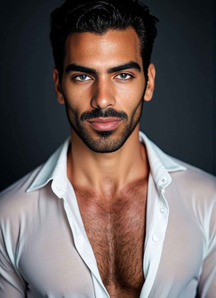 Nyle Dimarco ,  Photorealistic . sheer white shirt half‑removed. intricate fabric textures. dramatic studio lighting. ultr...