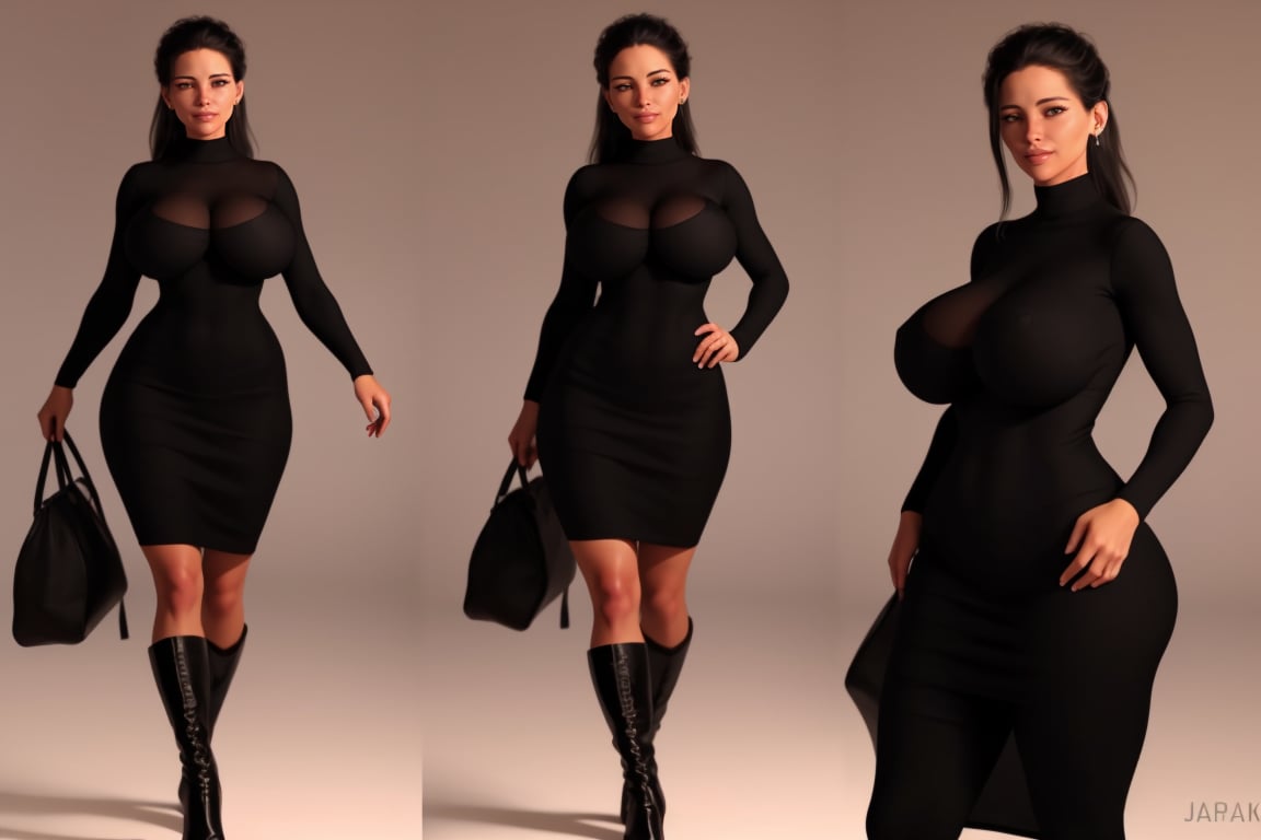 background is New York,street, 45 yo, large breasts, mature woman, milf, plump body,1 woman, beautiful woman, big eyes, wearing tight black dress(turtle neck,simple,long sleeves), black long boots, shy smile, solo, {beautiful and detailed eyes}, dark eyes, big breasts, calm expression, delicate facial features, ((model pose)), Glamor body type, (dark hair:1.2), simple tiny earrings, simple tiny necklace, very_long_hair, hair past hip, (black hair),bangs, curly hair, flim grain, realhands, masterpiece, Best Quality, 16k, photorealistic, ultra-detailed, finely detailed, high resolution, perfect dynamic composition, beautiful detailed eyes, eye smile, ((nervous and embarrassed)), sharp-focus, full_body, cowboy_shot,NahoKayama10, multiple views of same character, ,MWJackerman,JmanWarmthMom<lora:EMS-279004-EMS:1.300000>, <lora:EMS-392627-EMS:0.800000>