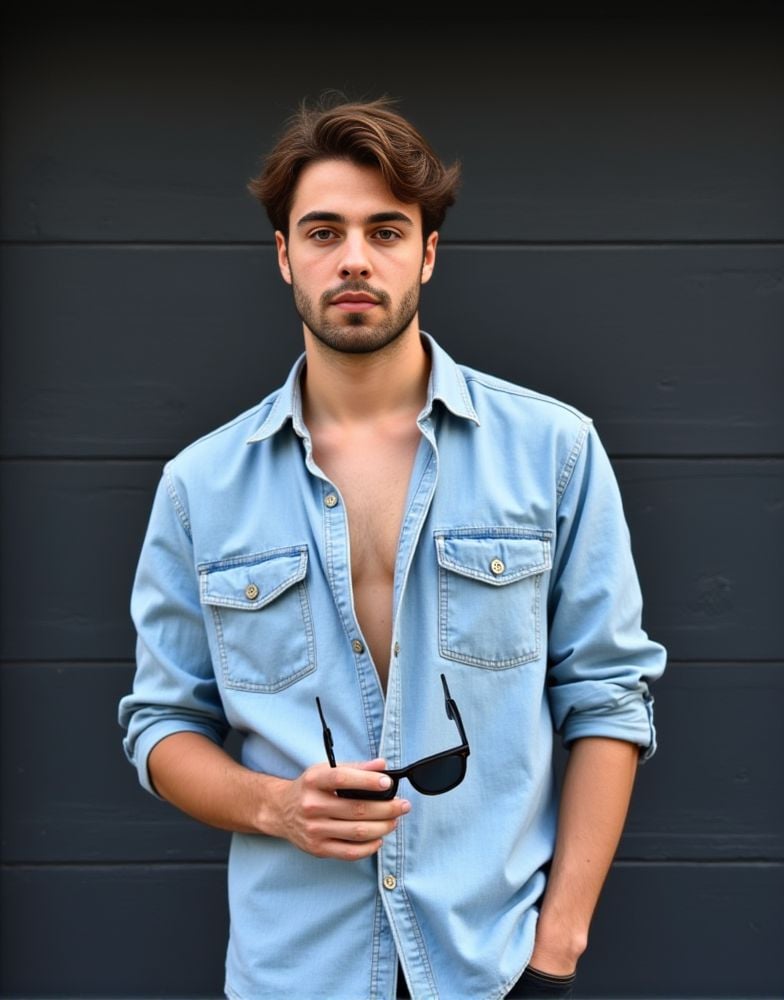 Jules Bouyer ,  stands confidently in front of a dark gray wall. He wears a light denim shirt. unbuttoned at the top. reve...