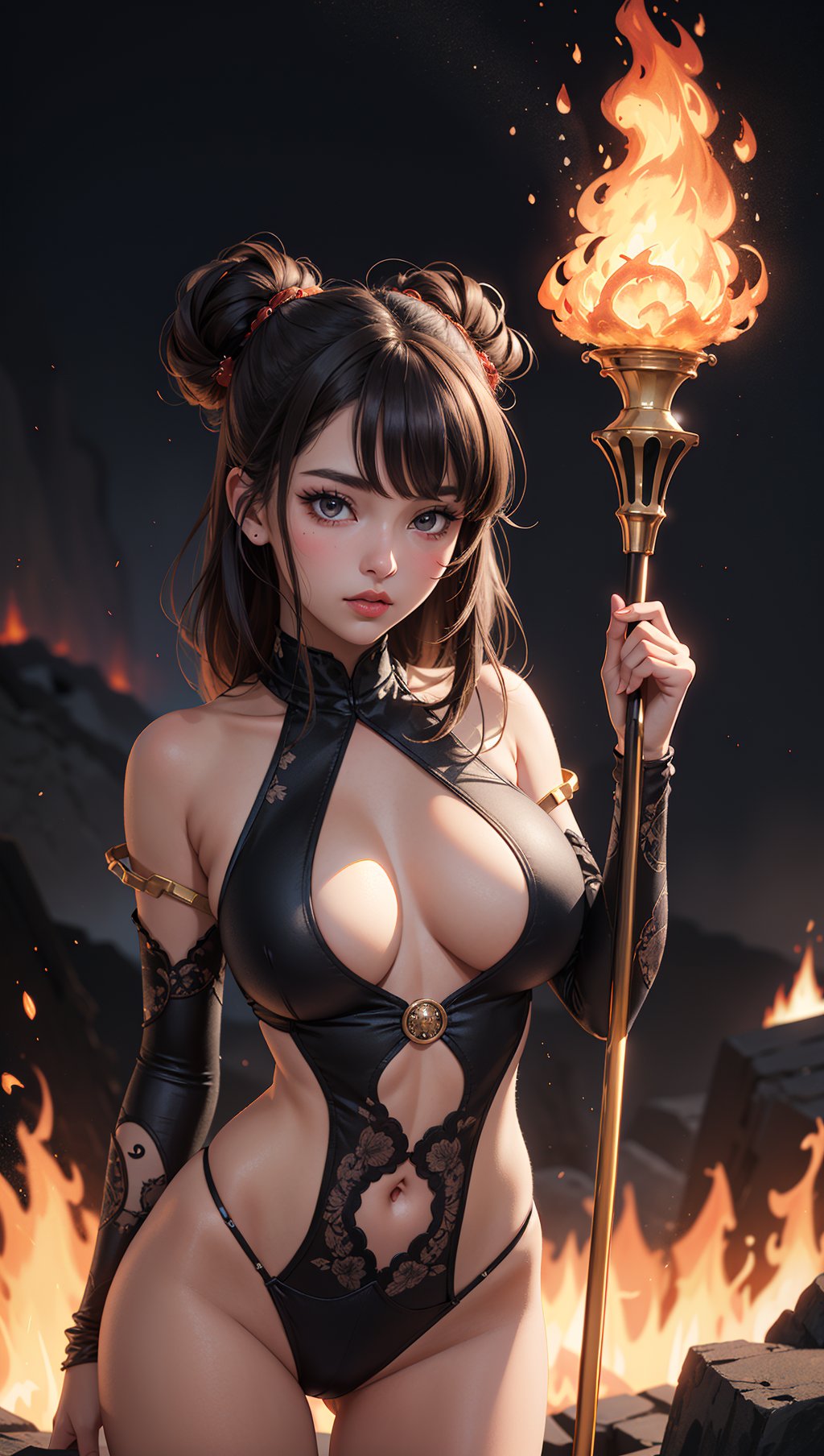 masterpiece,best quality,ultra detailed,anime style,In a volcanic landscape,a cute girl channels the power of fire,flames dancing at her fingertips. Her attire,woven with ember-like patterns,complements the molten scenery,creating a mesmerizing display of controlled inferno,