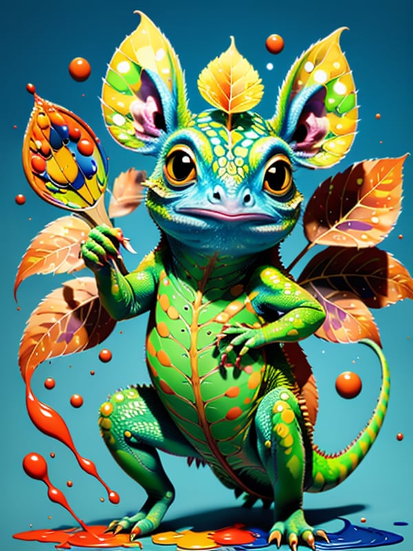 Color3DArt, solo, no humans, blue background, paint, paintbrush, holding, full body, simple background, claws, tail, leaf, standing, water, paint splatter, colored skin, lizard, closed mouth,<lora:Color3Dart.V1.0:0.7>,