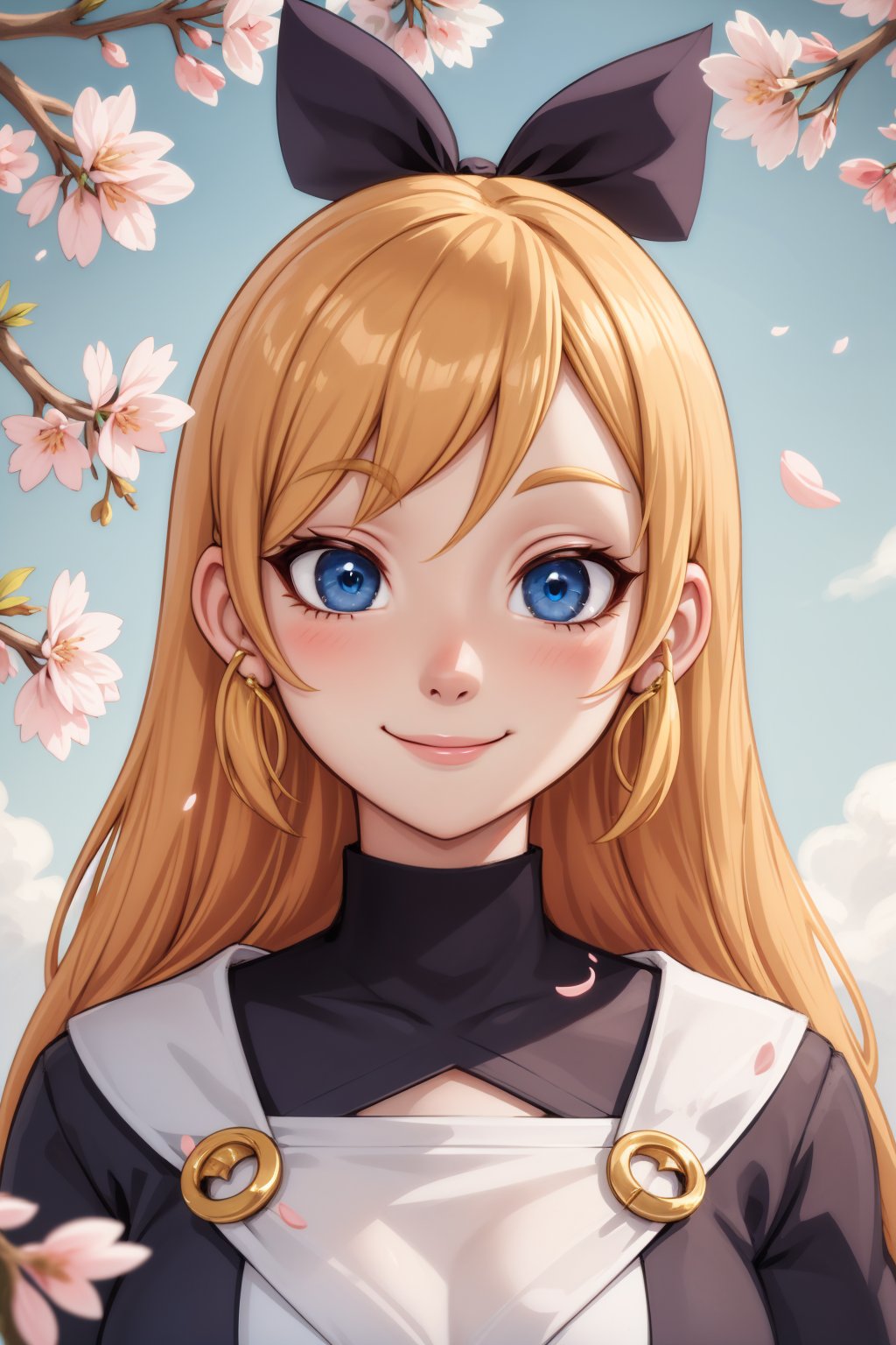 masterpiece, best quality, 1girl, long blonde hair, blue eyes, closed mouth, smile, hair ribbon, outdoors, cherry blossoms, face focus