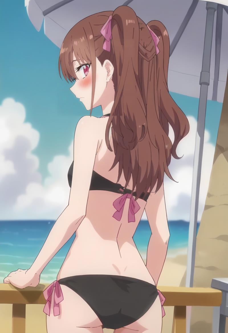 <lora:Mikari Tachibana:0.9> Mikari Tachibana, 1girl, ribbon, brown hair,  two side up, solo, hair ribbon, pink eyes, long hair, twintails, blush,  pink ribbon,      black bikini, from behind, looking back, cowboy shot, beach, score_9, score_7_up,anime coloring ,source_anime, anime, anime screencap