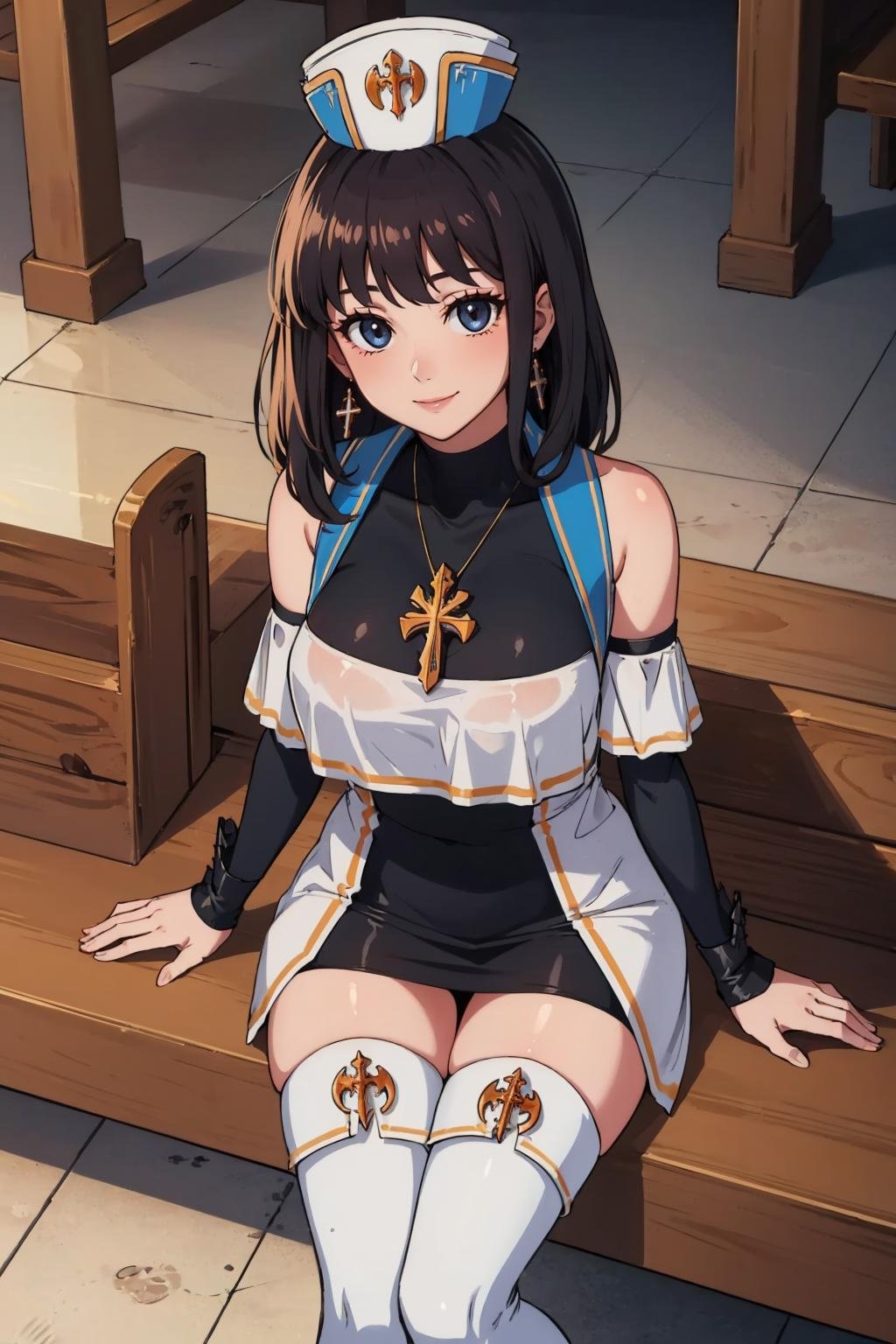 masterpiece, best quality, <lora:dnfcrusader-nvwls-v1-000010:0.9> dnfCrusader, hat, cross necklace, cross earrings, black dress, detached sleeves, large breasts, cowboy shot, white thighhighs, sitting, smile, from above, sitting in pews, church