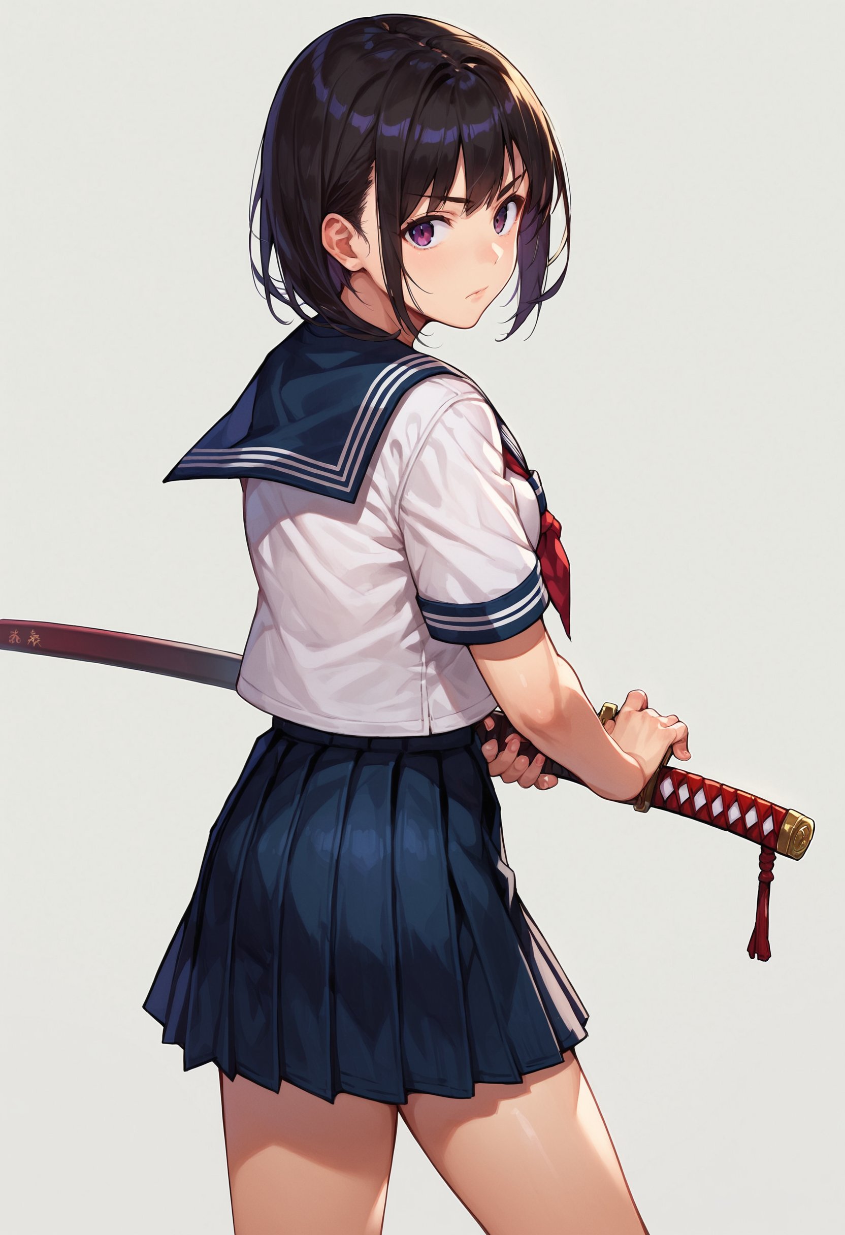 score_9_up score_8_up score_7_up, 1girl, battoujutsu, simple background, serafuku, school uniform, pleated skirt, leaning forward, from side, looking back, looking at viewer, holding sword<lora:battoujutsu_stance_24retry_pony_rework_final_svd_d8:1>