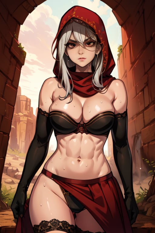 Dsorceress,solo,sweat,upper body,muscular. white hair,red eyes,standing, dark skin.SDress,elbow gloves,red hood,midriff,brown strapless bra. black panties,lace-trimmed thigh boots,red skirt,cleavage,bare shoulders,desert,heat waves.,(insanely detailed, beautiful detailed face, masterpiece, best quality),<lora:Dsorceress:0.6>,