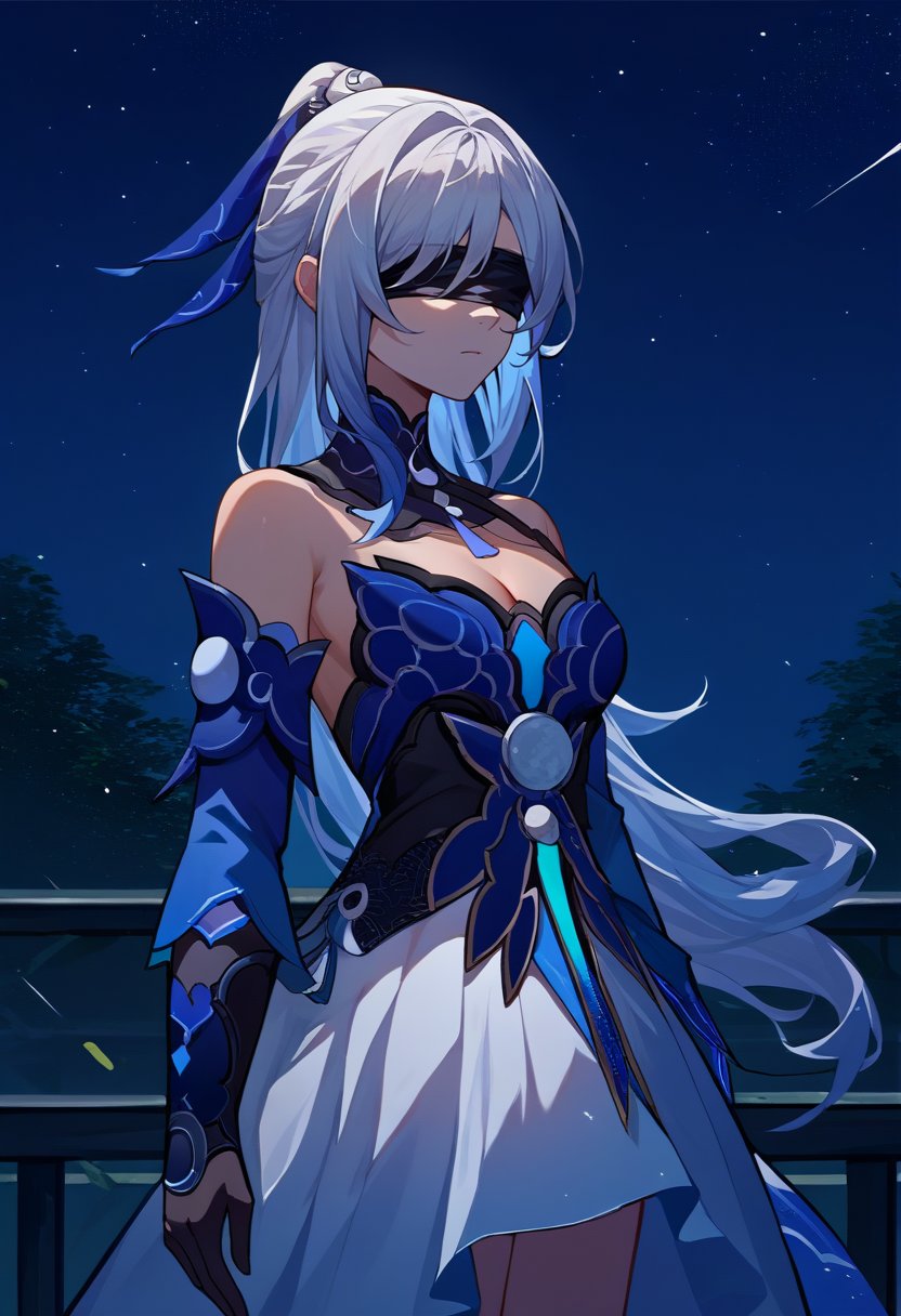 score_9, score_8_up, score_7_up, source_anime, solo, 1girl, hsrjingliu, expressionless, looking away, white hair, high ponytail, black blindfold, blue dress, blue sleeves, detached sleeves, black gloves, white skirt, bare shoulders, cleavage, night, outdoors <lora:hsr_jingliu_ponyXL:1>