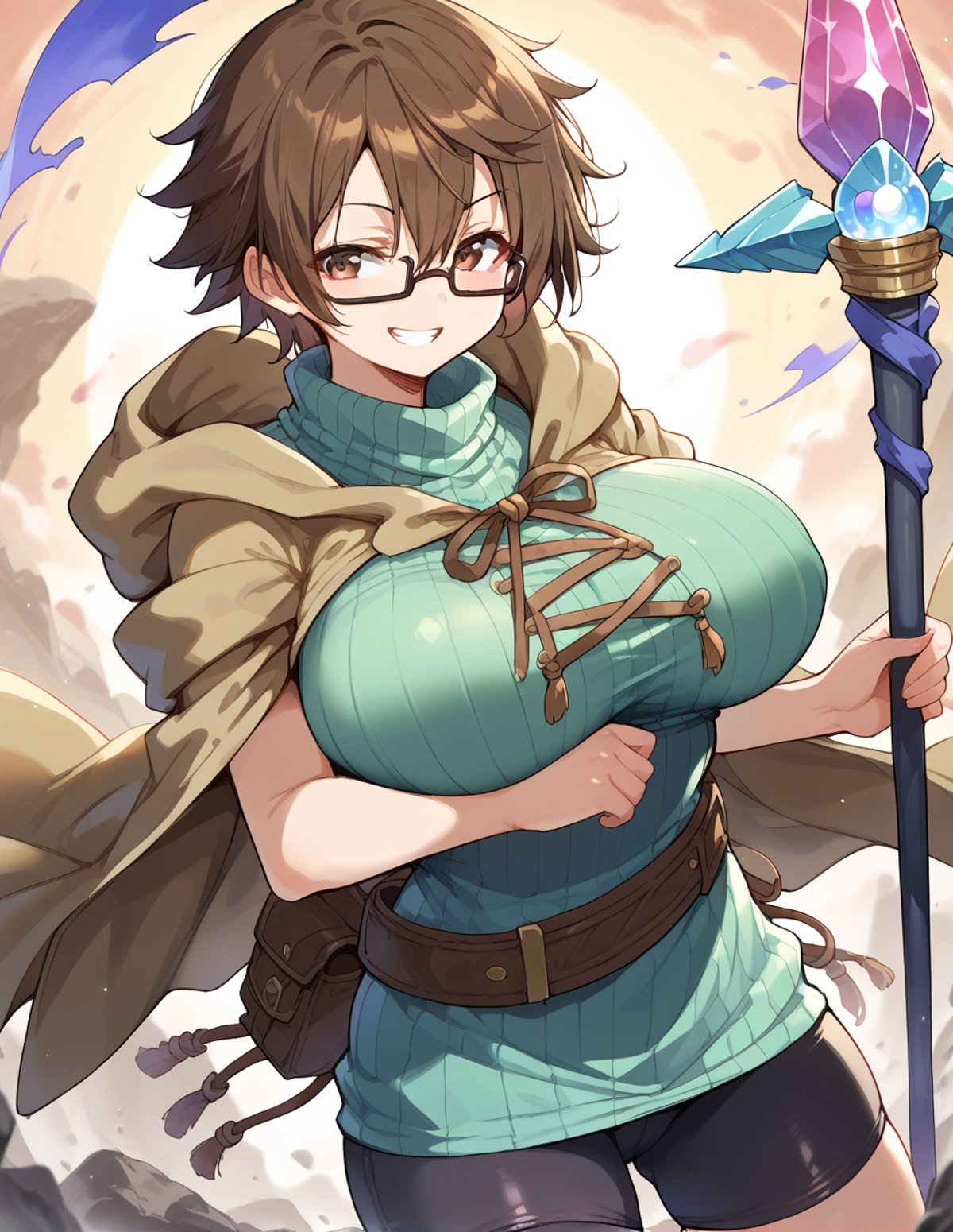 score_9,score_8_up,score_7_up,score_6_up,score_5_up,score_4_up,1girl,solo,<lora:aussa(yugioh)_pony:1>,aussa(yugioh),duel monster,brown hair,brown eyes,glasses,hair between eyes,large breasts,ribbed sweater,turtleneck,green sweater,cloak,robe,staff,bike shorts,grin,rock,