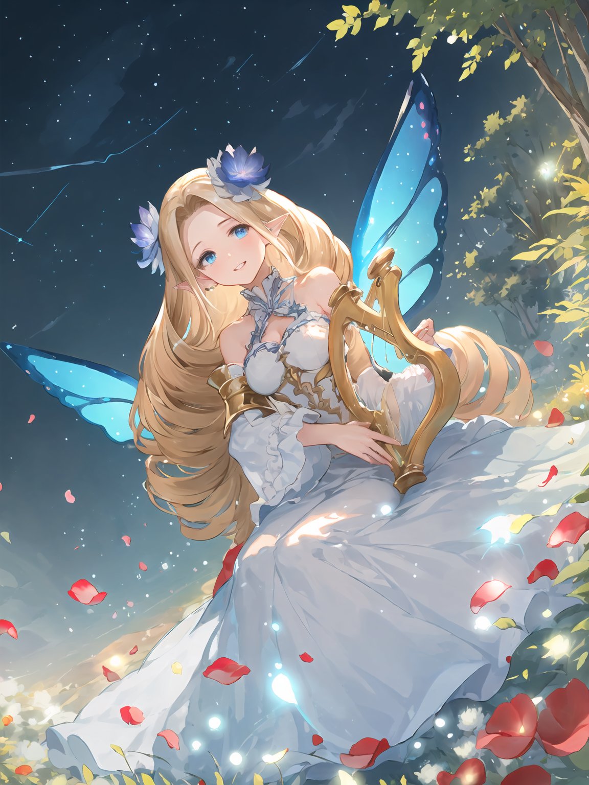 masterpiece,best quality,highres,cinematic lighting,dramatic angle,1girl,blonde hair,drill hair, white dress,parted bangs,cleavage,looking at viewer,pointy ears,blue eyes,bare shoulders,wings,frills,parted lips,petal,grass,smile,<lora:ShadowverseBrilliantFairyV1-000021:0.8:lbw=jiangshi3>,detached collar,hair flower,depth of field,detached sleeves,straight-on,head tilt,close-up,night,dark sky,(holding harp,playing instrument,playing harb,floating glowing musical note:1.3),sitting on chair,woods,starry sky,from below