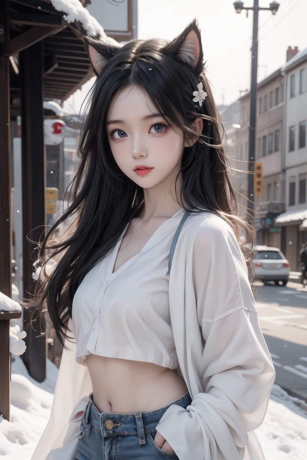 white theme, 1girl,anime girl, solo, nice girl, the perfect face, snow-white hair, the hair is slightly shaggy, hair over one eye, hairstyle with a side parting, voluminous hair, lush hair, long hair, snow-white skin, blue eyes,red lips,cat ears,black jeans, black crop top, white jacket, located on the street, model pose, sharp focus, perfect hands, perfect face, perfect eyes, perfect light, dynamic light, natural light