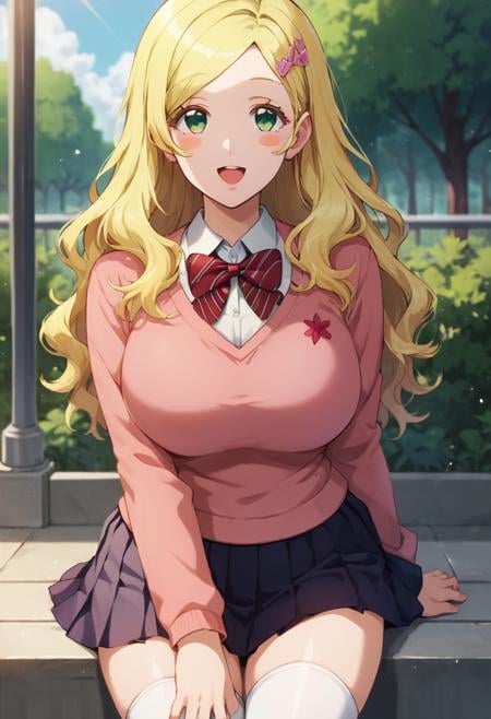 masterpiece,best quality, highly detailed, score_9, score_8_up, score_7_up, score_6_up,<lora:xl_more_art-full_v1:0.8>,BREAK <lora:carol:0.8>carol, 1girl, blonde hair, solo, thighhighs, green eyes, skirt, white thighhighs,large breasts,  long hair, open mouth, smile, sweater, looking at viewer, blush stickers, pleated skirt, school uniform