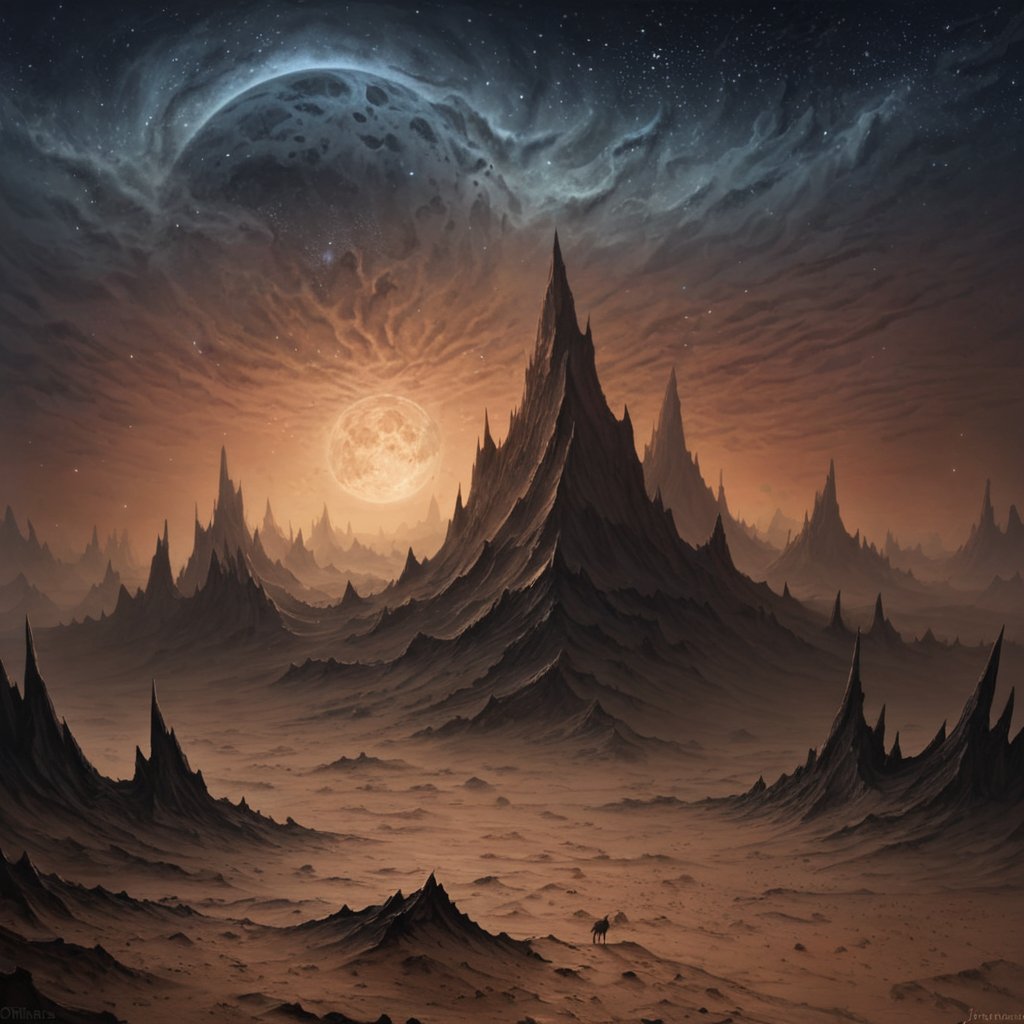 A surreal moonscape, where jagged peaks rise from a barren expanse of dust, and strange, otherworldly creatures prowl beneath a sky ablaze with stars."masterpiece, absurdres, highres, insane quality