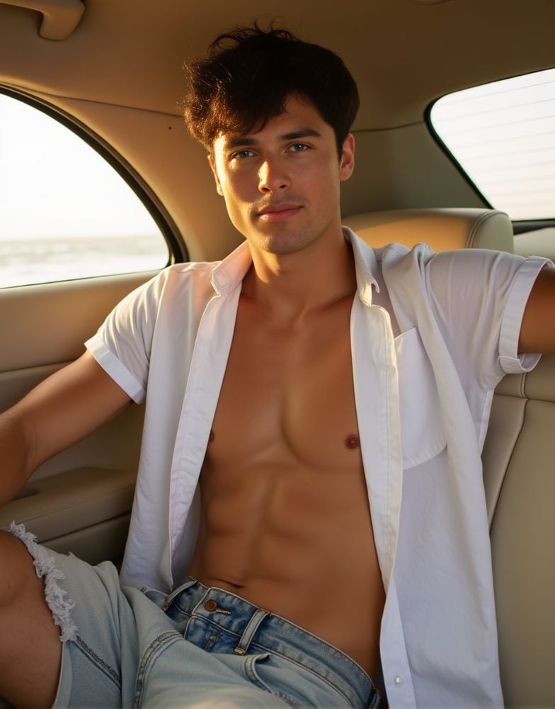 Rob Rausch ,  male focus. shirtless smiling. editorial. empathetic eyes. sitting in the passenger seat of a car. natural d...