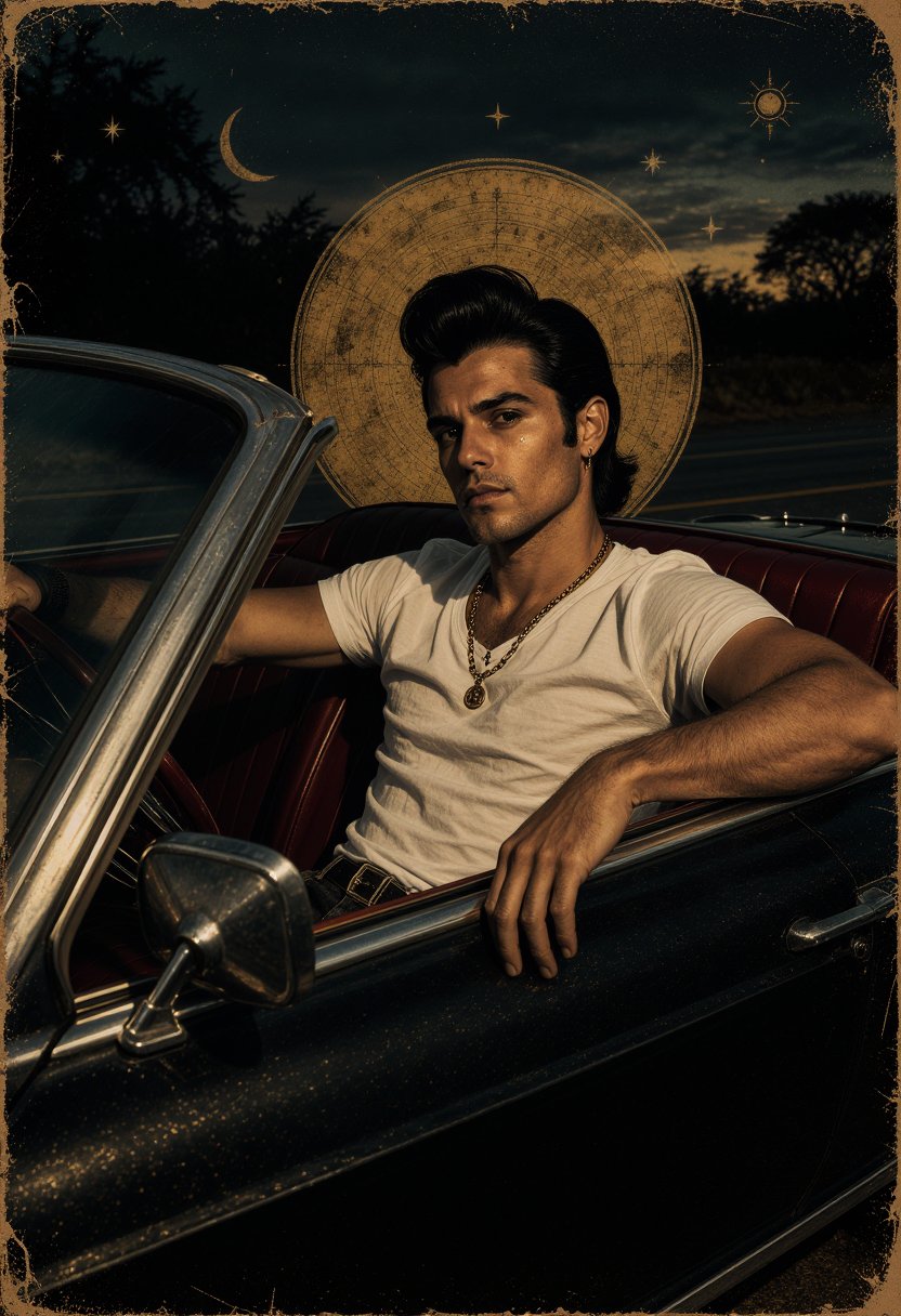 occult,  rockabilly_morph,  A 27-year-old man reclines in a classic convertible at dusk by inknoir on Tensor.Art