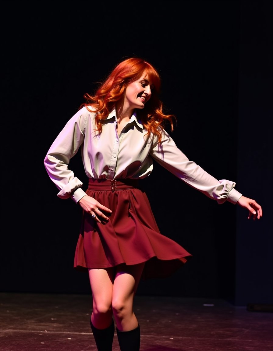 frwc, a beautiful red head woman, wearing a  shirt and a skirt, in a stage dancing  <lora:florence-welch:1.2>