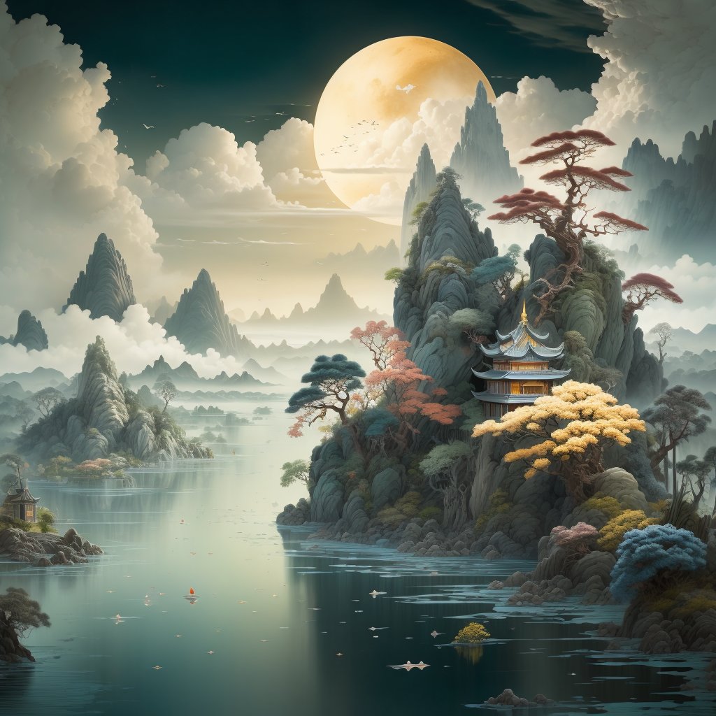 (best quality), (masterpiece), (ultra-detailed), illustration, 8k wallpaper, best illustration, (extremely detailed CG unity 8k wallpaper), huge filesize,mountain,watercraft, scenery, east asian architecture, architecture,no humans, tree, bird,outdoors, cloud, sky, moon,landscape, nature, waterfall, water,floating island, nature, island, bridge, architecture,<lora:landscape-000020:0.9>