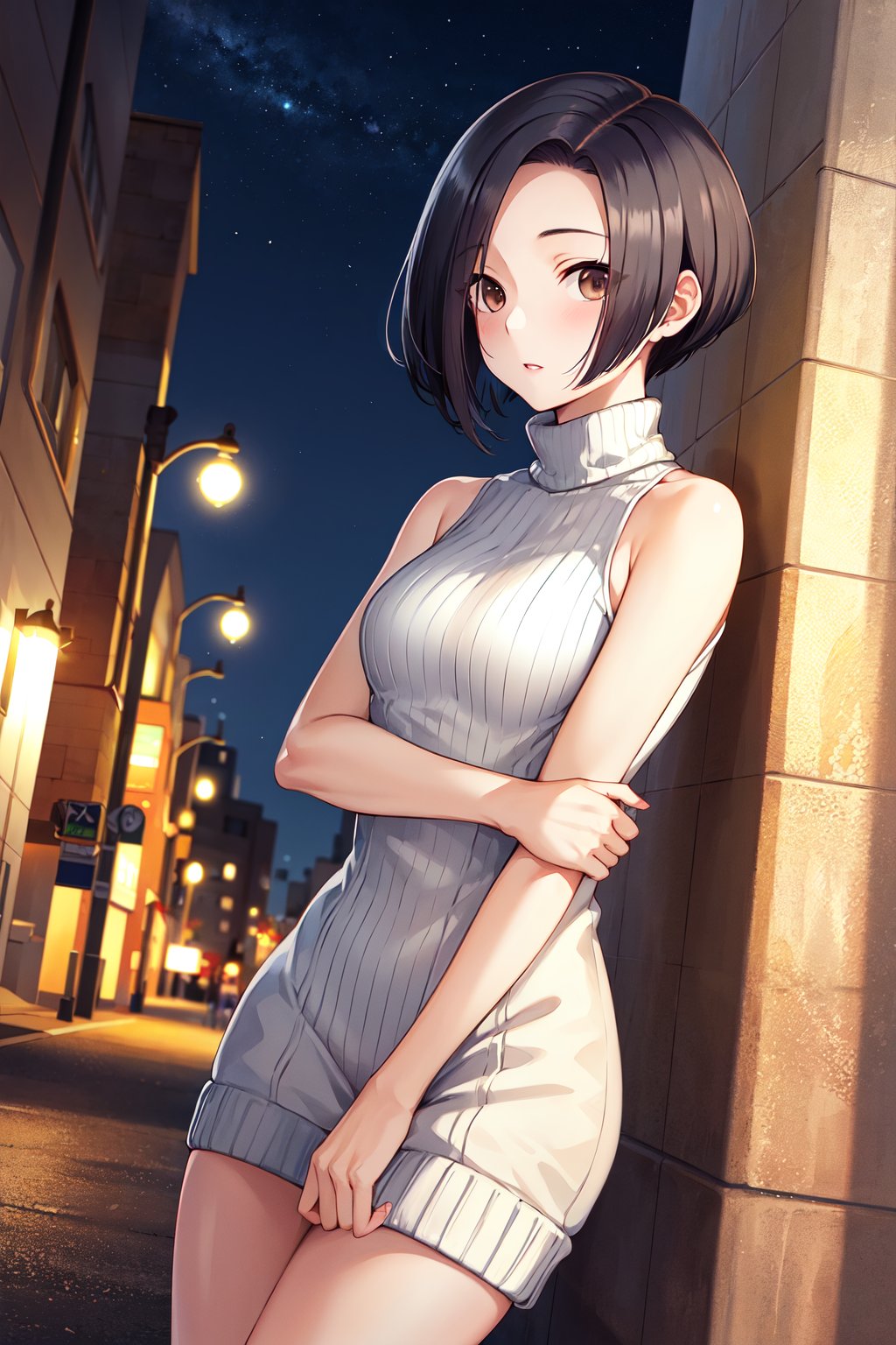 masterpiece, best quality, highres, aarinko, aarinko, short hair, black hair, bob cut, <lora:kobayakawa_rinko_v1:0.7>, sweater dress, turtleneck, sleeveless, night, street, cowboy shot, 