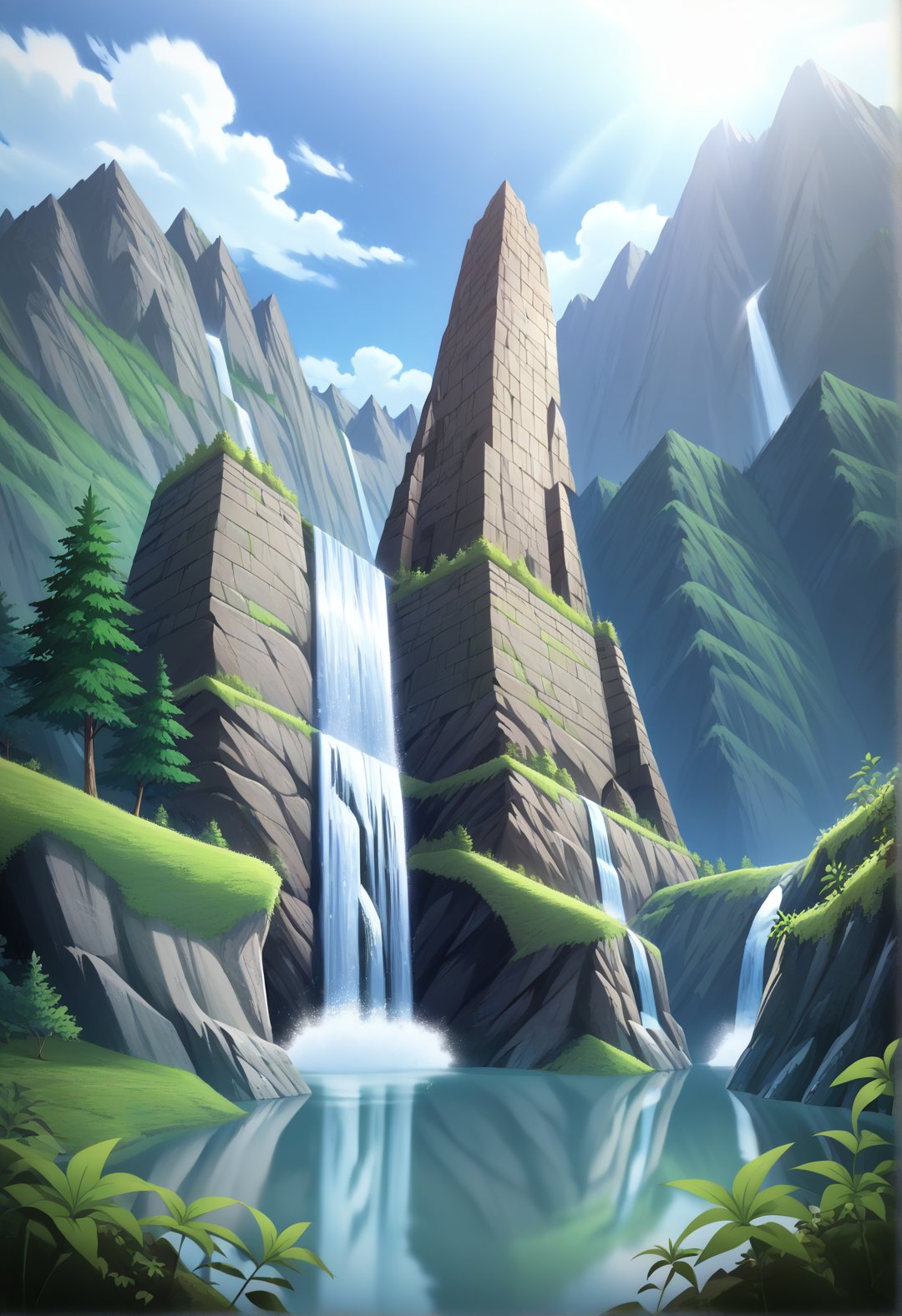 score_9, score_8_up, score_7_up, beautiful waterfall, the water boils and forms cascades, falling from the height of the cliff. The water glitters under the rays of the sun, creating iridescent shades. Dense forests are green around the waterfall, and mountains can be seen in the distance. The landscape is filled with the tranquility and beauty of nature, which creates a feeling of peace and admiration for the power of the elemental element water, reflections, anime screencap