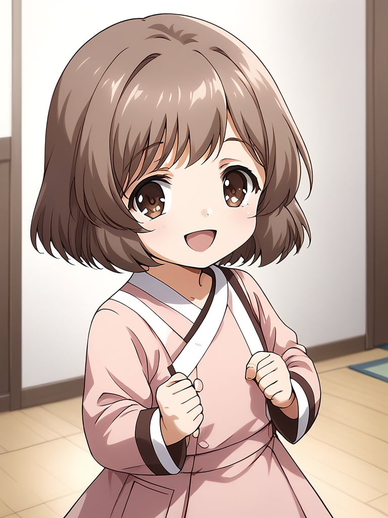 score_9, score_8_up, score_7_up, source_anime, rating_explicit, BREAK  <lora:Amatsuka_Sakura_Ver2.0_XL:1> AmatsukaSakura, brown hair, short hair, brown eyes, bangs, no hat, chibi, smile,1girl, solo, smile, open mouth, looking at viewer, :d, clenched hands, indoors,  upper body, long sleeve, light pink dress,room, flooring,