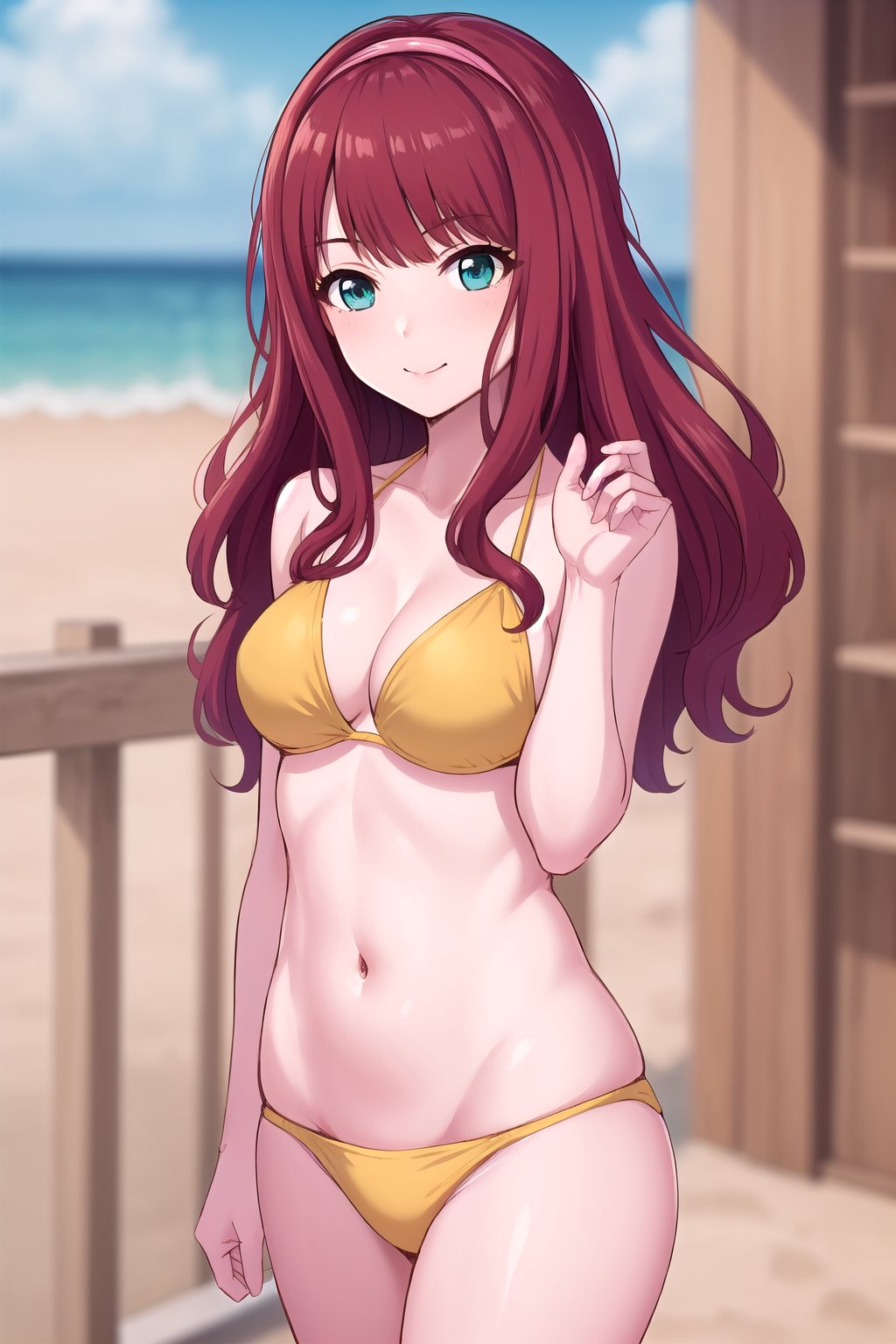 (masterpiece, best quality), highly detailed background, perfect lightingbest quality, ryoohaena, solo, outdoors, beach, red hair, blunt bangs, wavy hair, long hair, aqua eyes, medium breasts, yellow bikini, swimsuit, smile, closed mouth, :), <lora:Ryoo-Haena:0.7>