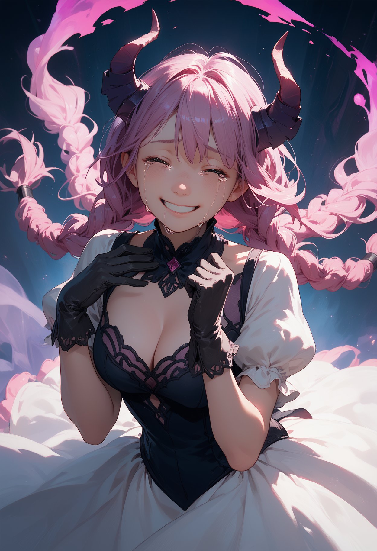 1girl, aura the guillotine, black gloves, cleavage, crying, dress, gloves, horns, long hair, pink hair, purple hair, smile, solo, twin braids <lora:aura-the-guillotine-s1-ponyxl-lora-nochekaiser:1>,, score_9,score_8_up,score_7_up,