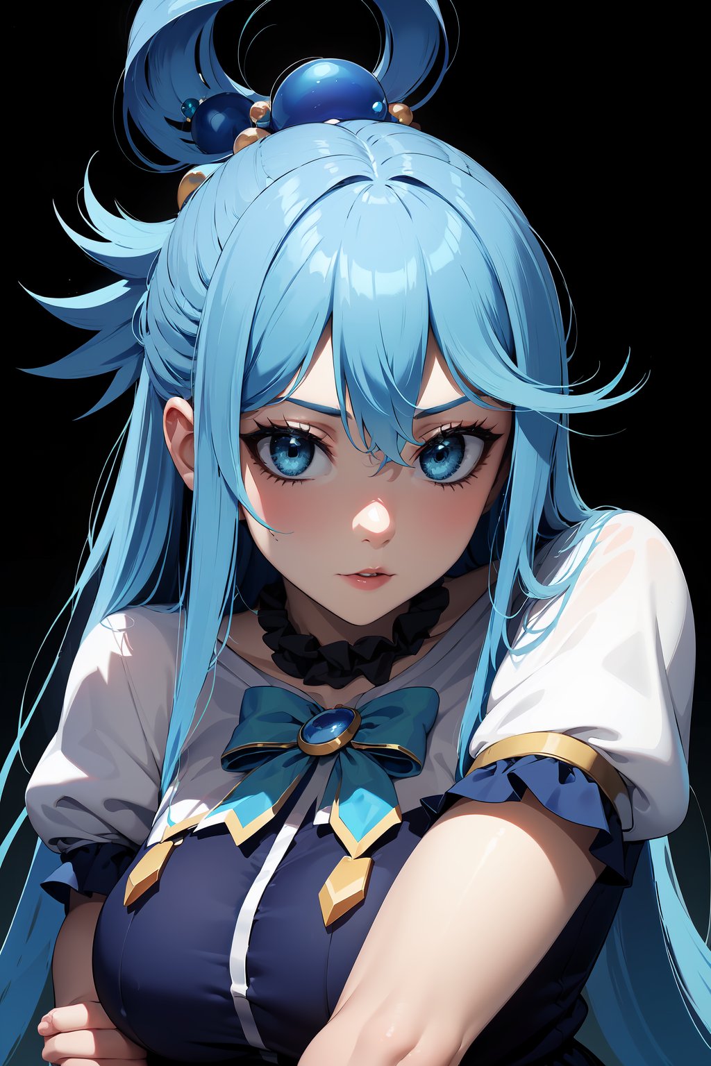 1girl, masterpiece, blue hair, blue eyes, long hair, aqua, upper body, absurdres, hair jewelry, bulk hair, konosuba, thicc, skirt, {standing},<lora:EMS-64898-EMS:0.600000>,<lora:EMS-263-EMS:1.000000>,<lora:EMS-260483-EMS:1.000000>