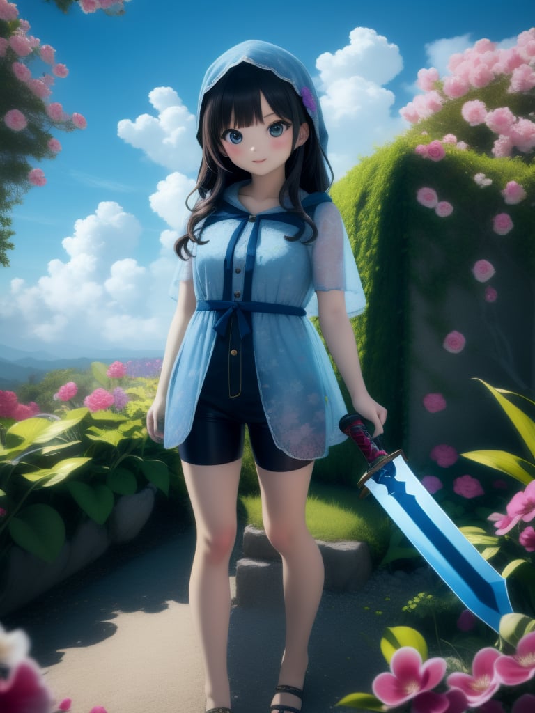 a cute korean girl large-eyed girl, bangs, long wavy hair, see through dress, sky, shorts, day, sword, cloud, hood, two-tone hair, blue sky, headphones, bike shorts, science fiction, orchid flowers, petals, octane rendering, ray tracing, 3d rendering, masterpiece, best Quality, Tyndall effect, good composition, highly details, warm soft light, three-dimensional lighting, volume lighting, Film light<lora:EMS-459889-EMS:0.900000>